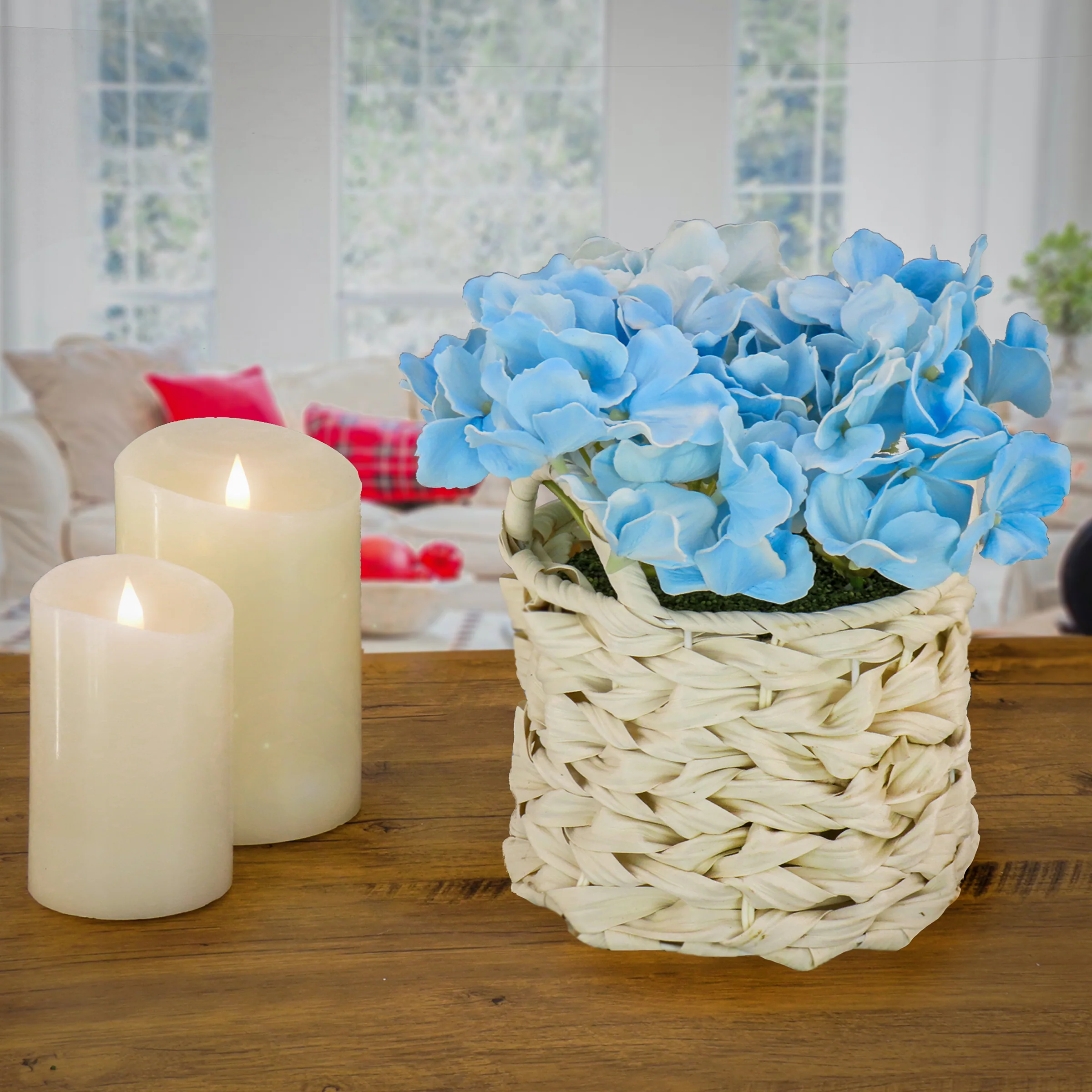10 in. Spring Blue Hydrangea Bouquet in White Basket - Image 2