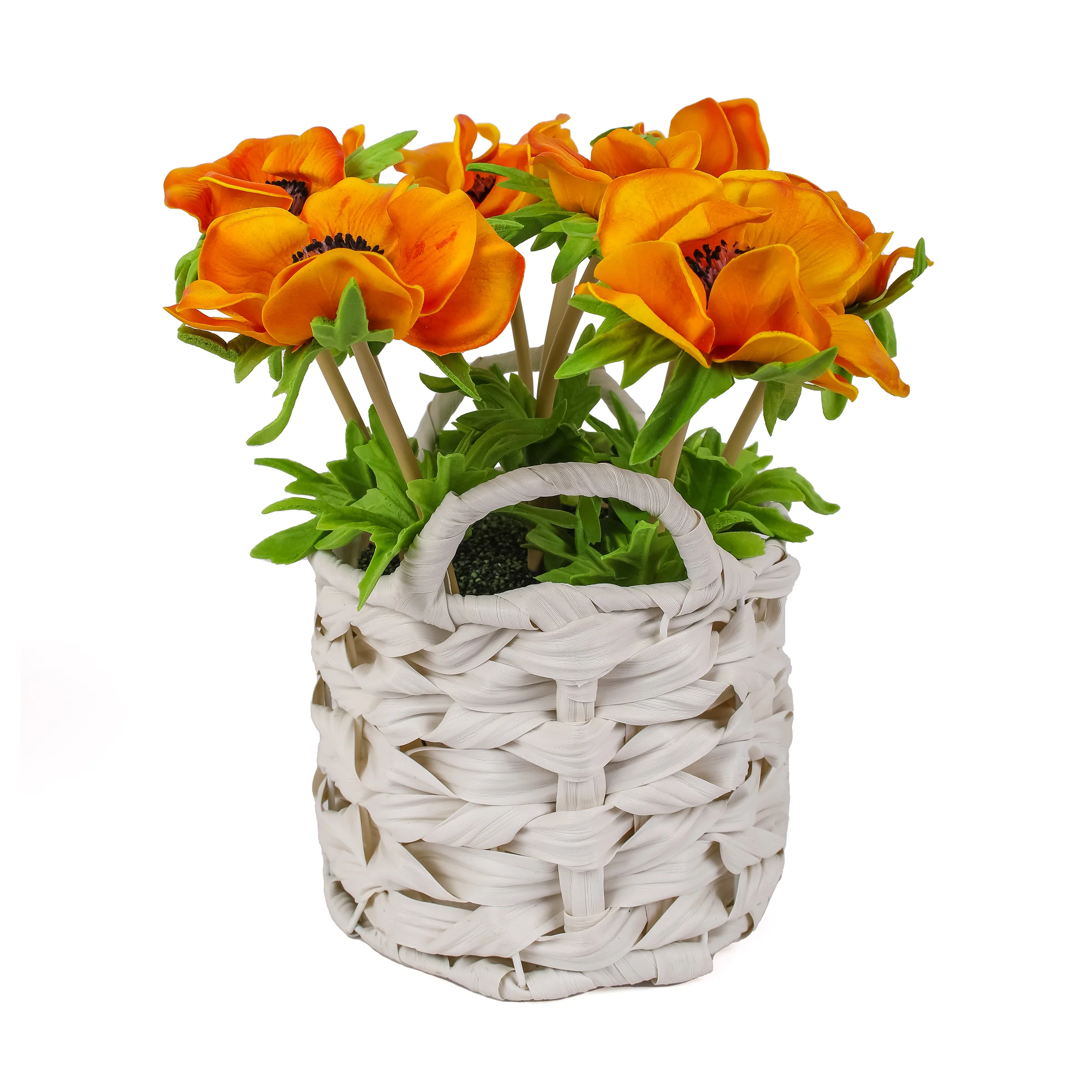 10 in. Spring Orange Anemone Flower Bouquet in White Basket