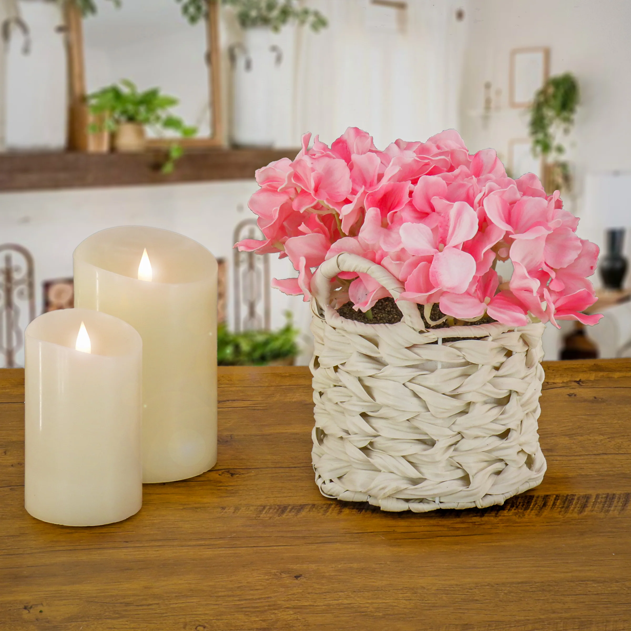 10 in. Spring Pink Hydrangea Bouquet in White Basket - Image 2