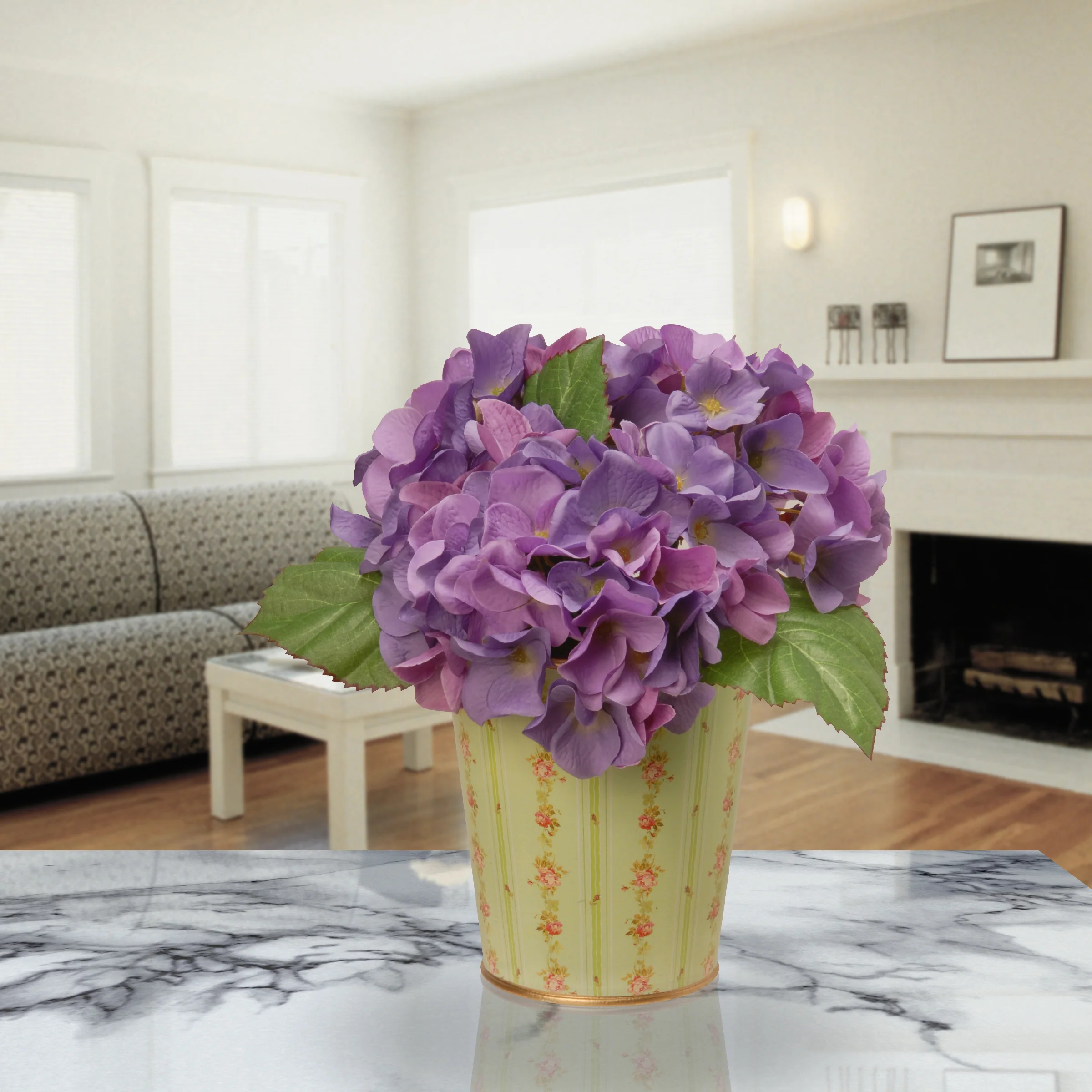 11 in. Spring Garden Accents Hydrangea Flowers in Tin Pot - Image 2
