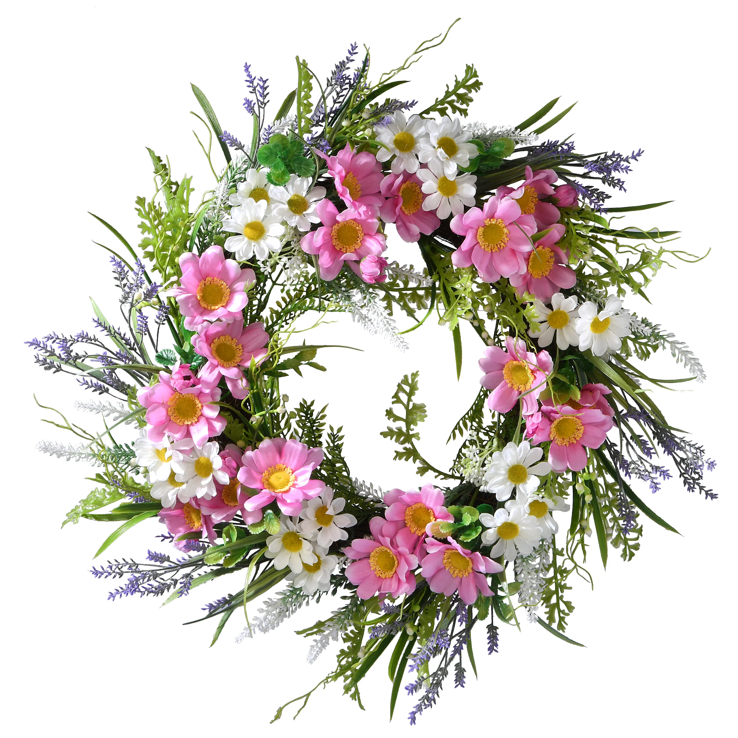 18 in. Spring Wreath with Pink and White Daisies, Leafy Greens, Seed Pods