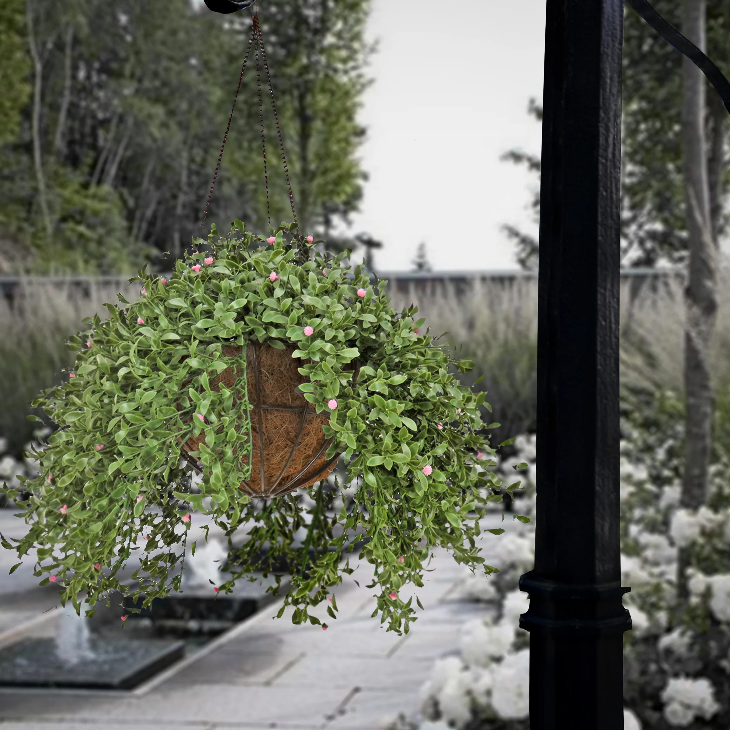 18 in. Spring Argentea Hanging Plant with Pink Flowers - Image 2