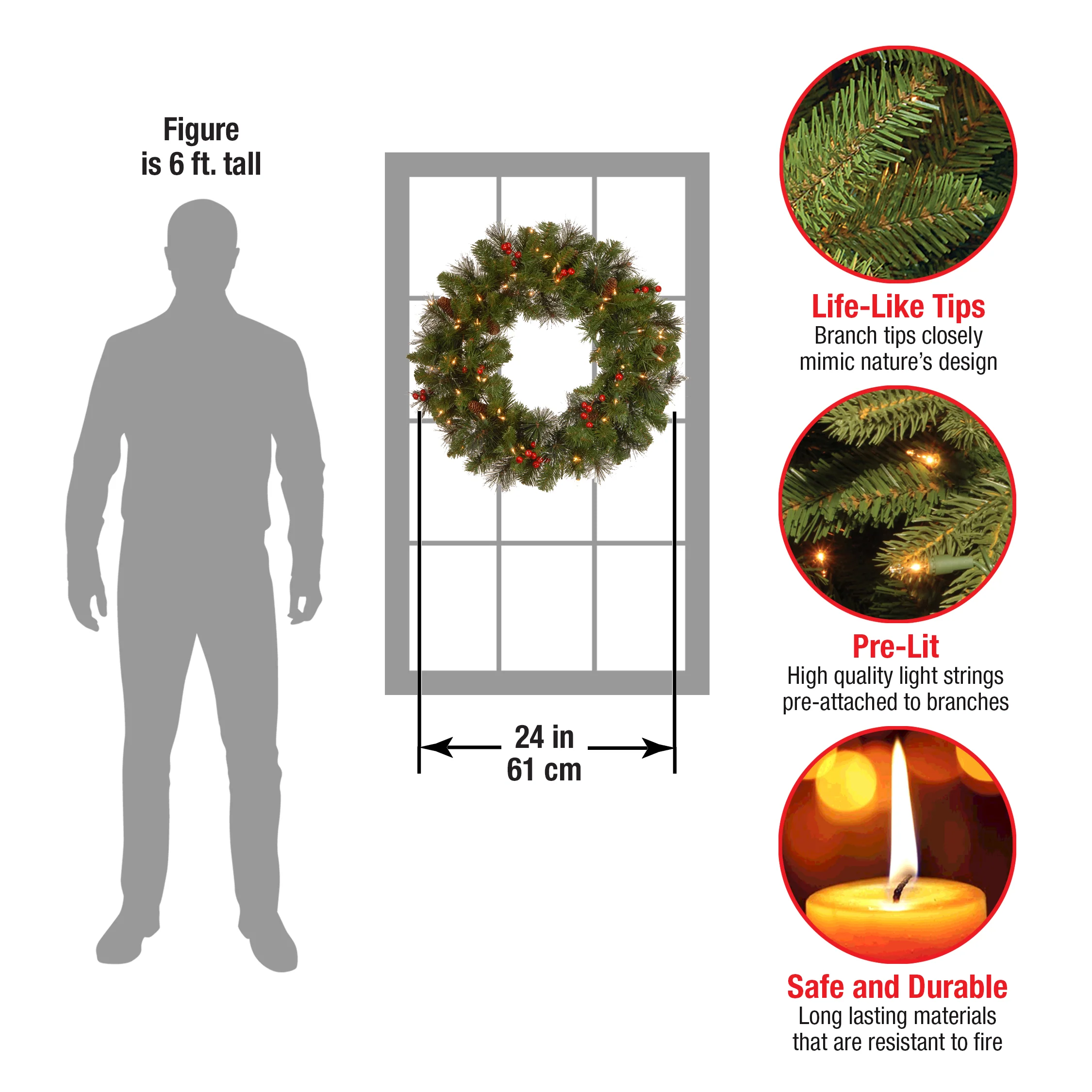 24 in. Pre-Lit Crestwood Spruce Wreath with Clear Lights, Plug-In - Image 4