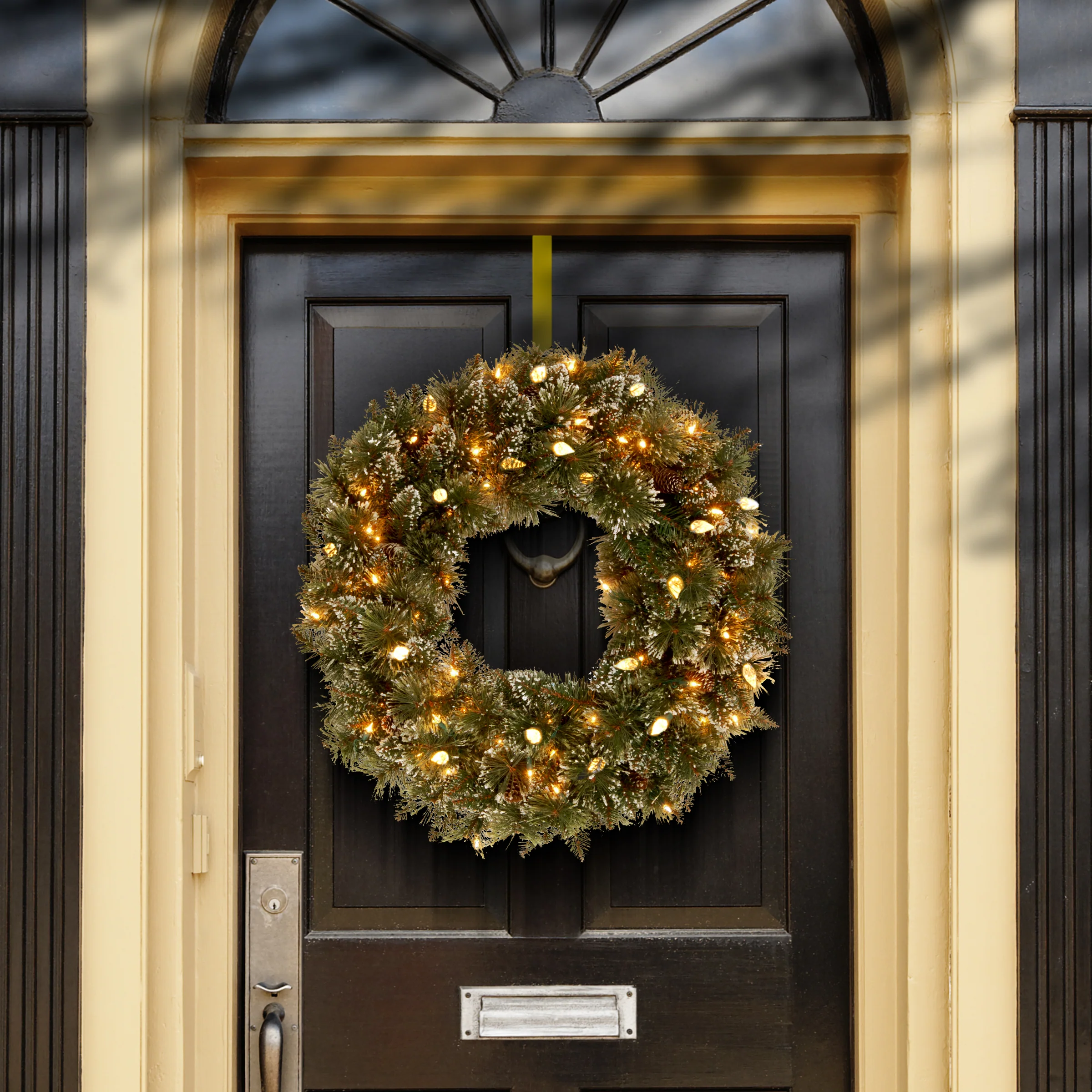 24 in. Pre-Lit Glittery Bristle Pine Wreath with Warm White LED Lights, Plug-In - Image 2