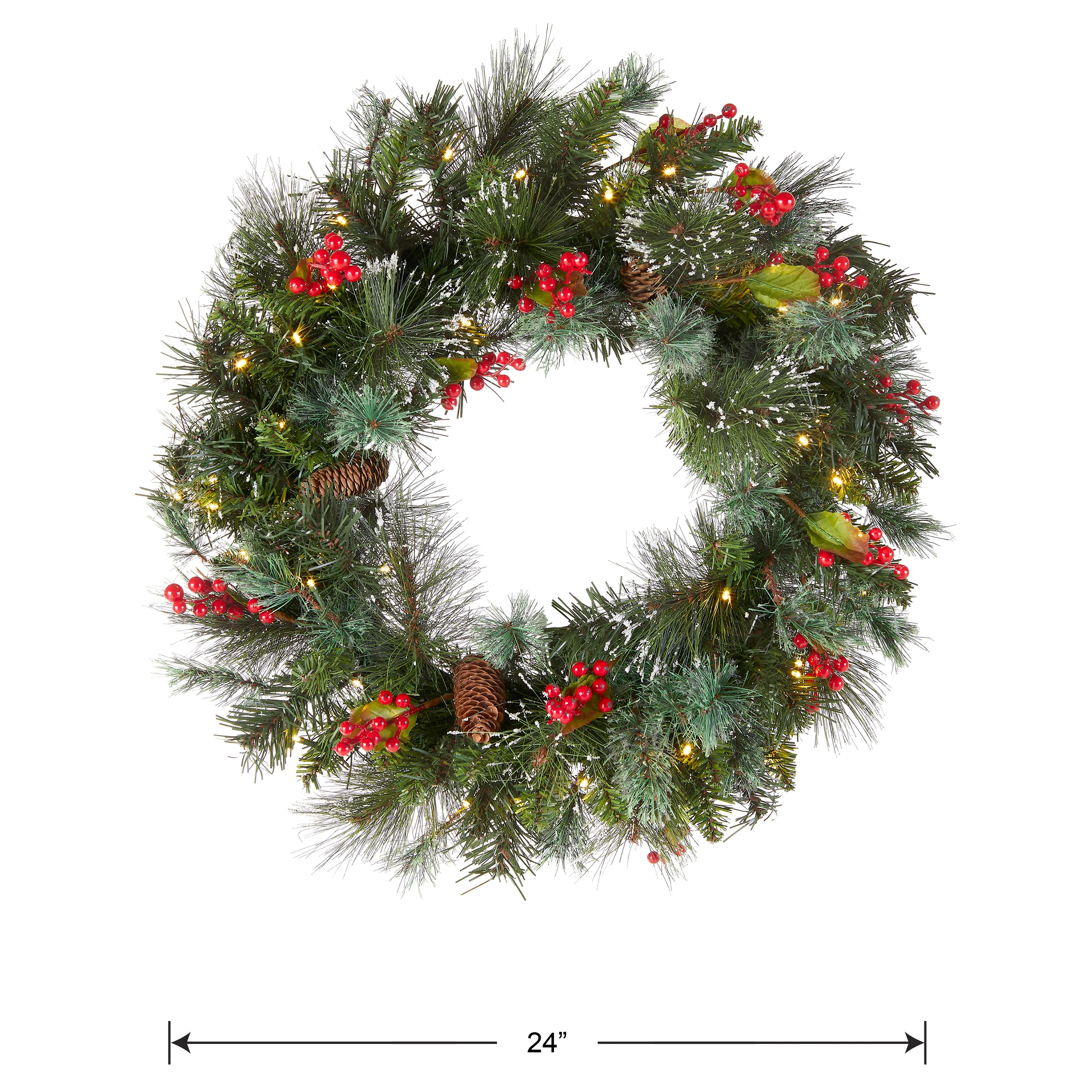 24 in. Pre-Lit Wintry Pine Wreath with LED Lights - Image 4
