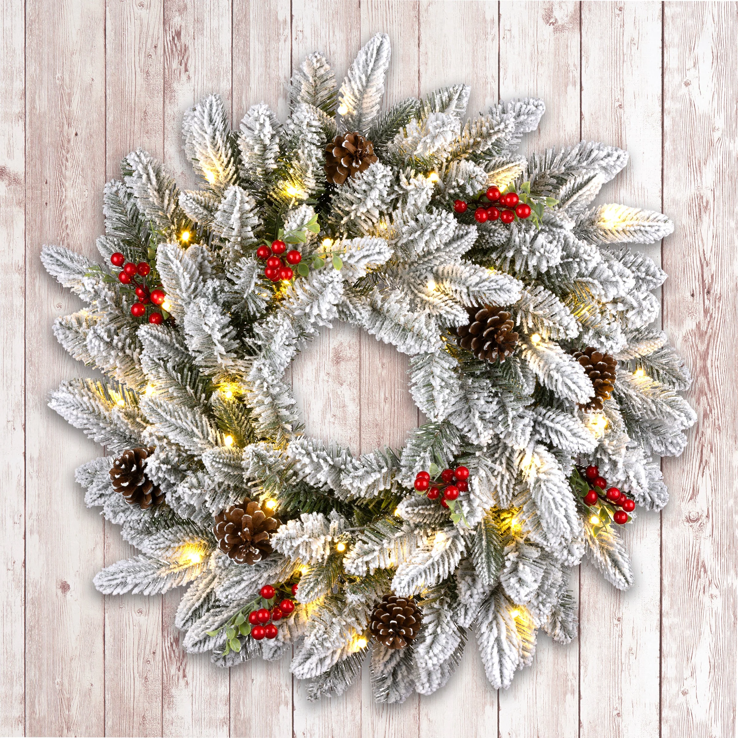 24 in. Snowberry Pine Wreath with LED Lights - Image 2