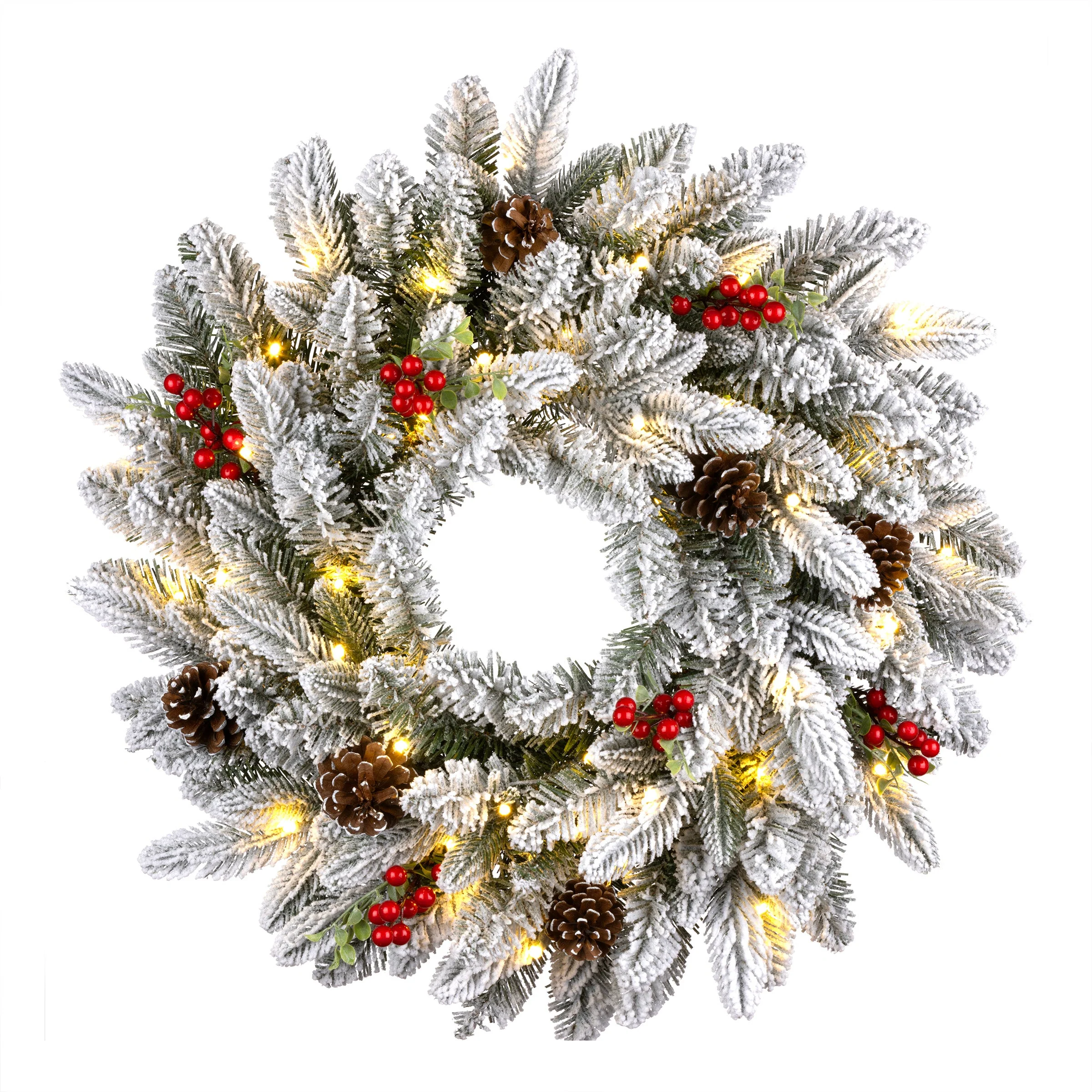 24 in. Snowberry Pine Wreath with LED Lights - Image 3