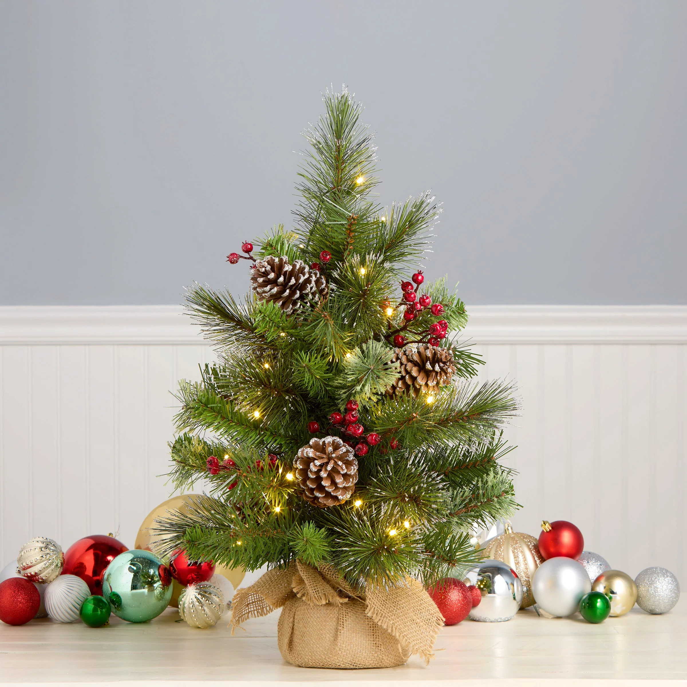 2 ft. Iced Berry Pine Burlap Tree with LED Lights - Image 4