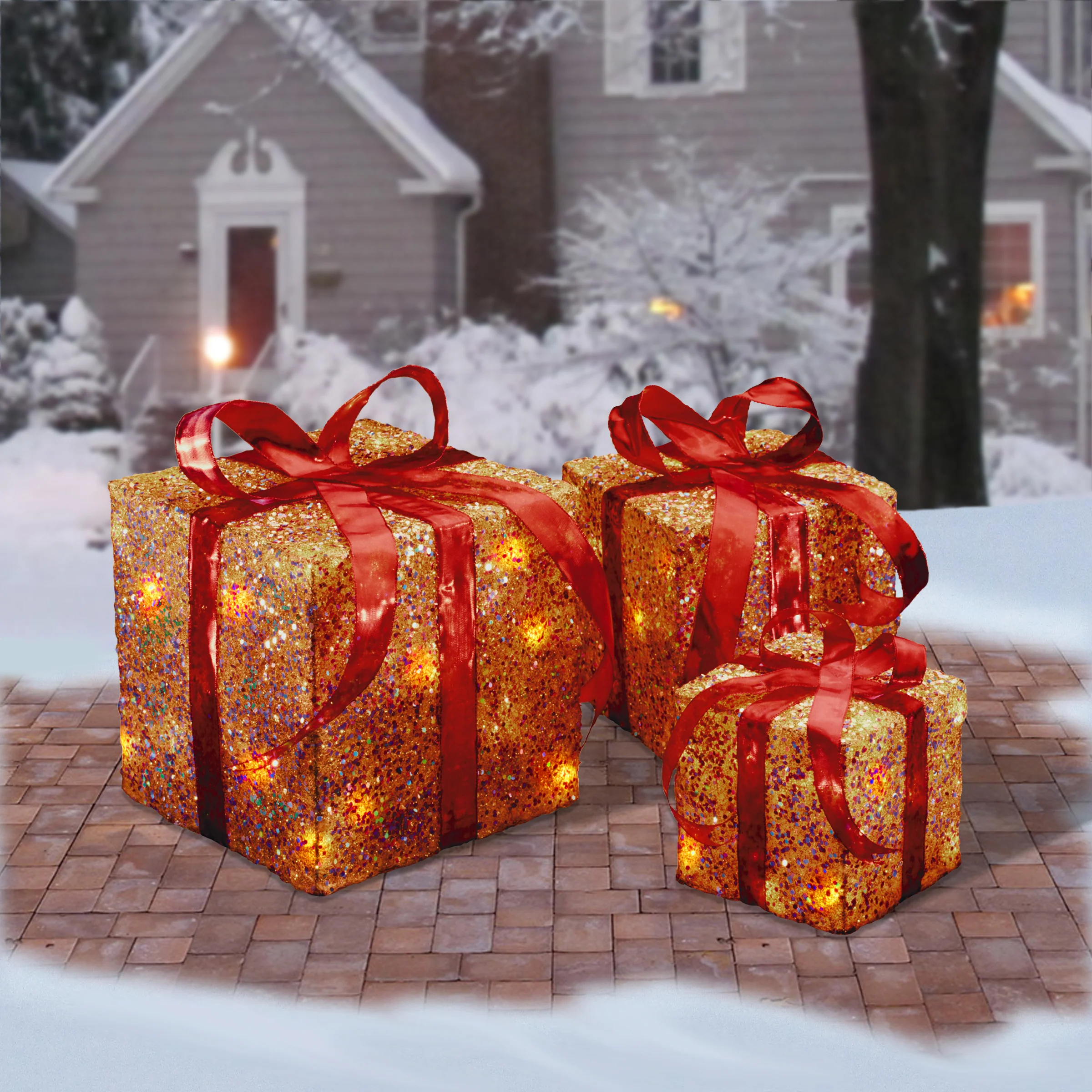 Pre-Lit Gold Gift Box with Red Bow, Set of Three, White Lights, Plug-In - Image 2