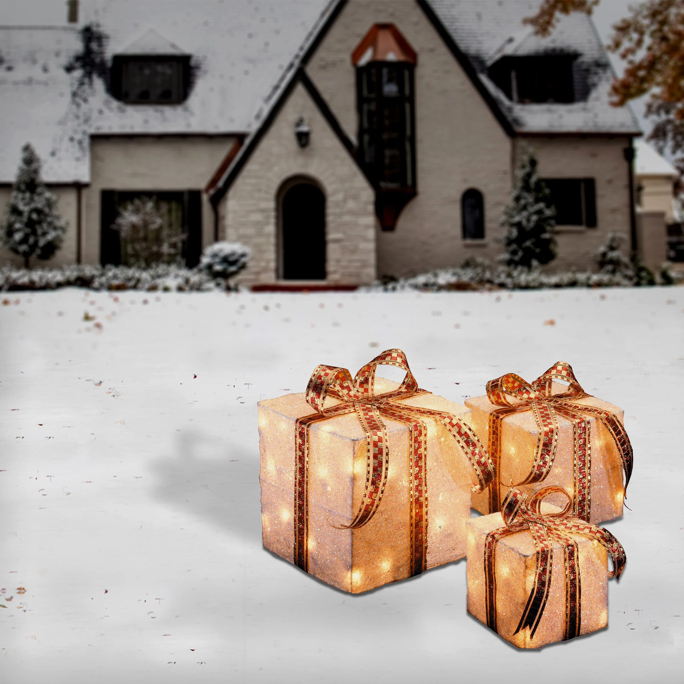 Pre-Lit White and Gold Gift Boxes, Set of Three, White Lights, Plug-In - Image 3
