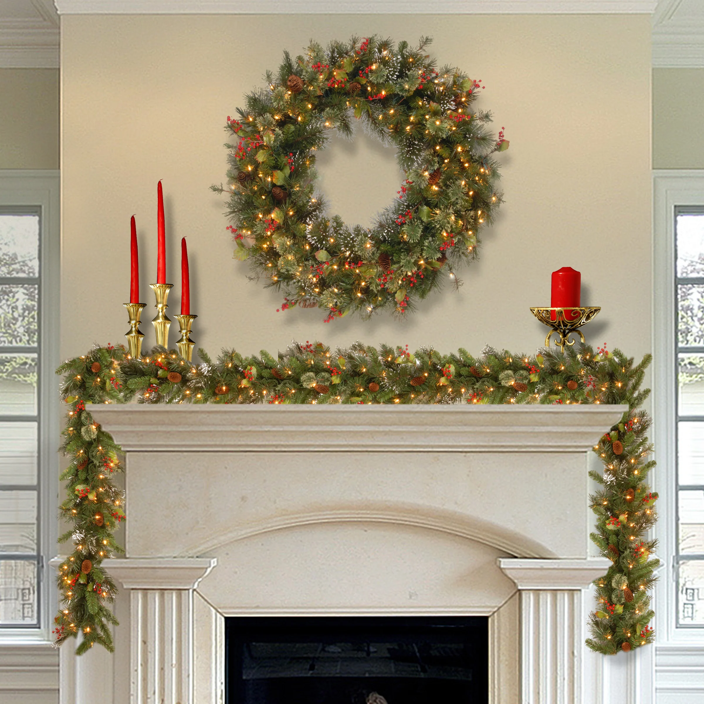 30 in. Pre-Lit Wintry Pine Wreath with Clear Lights, Plug-In - Image 2
