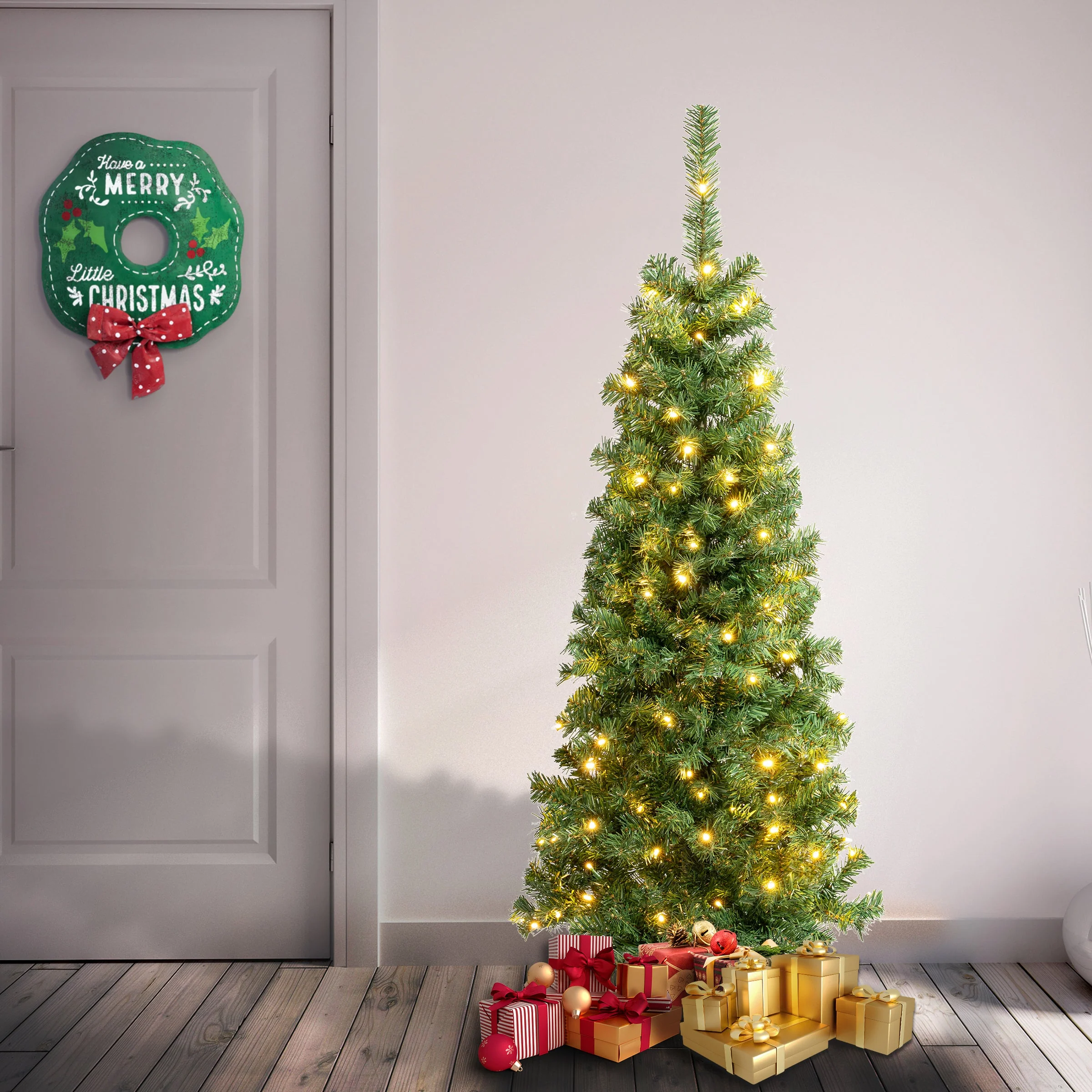 4.5 ft. Pre-lit Linden Spruce Wrapped Tree with Warm White LED Lights, Plug-In - Image 2