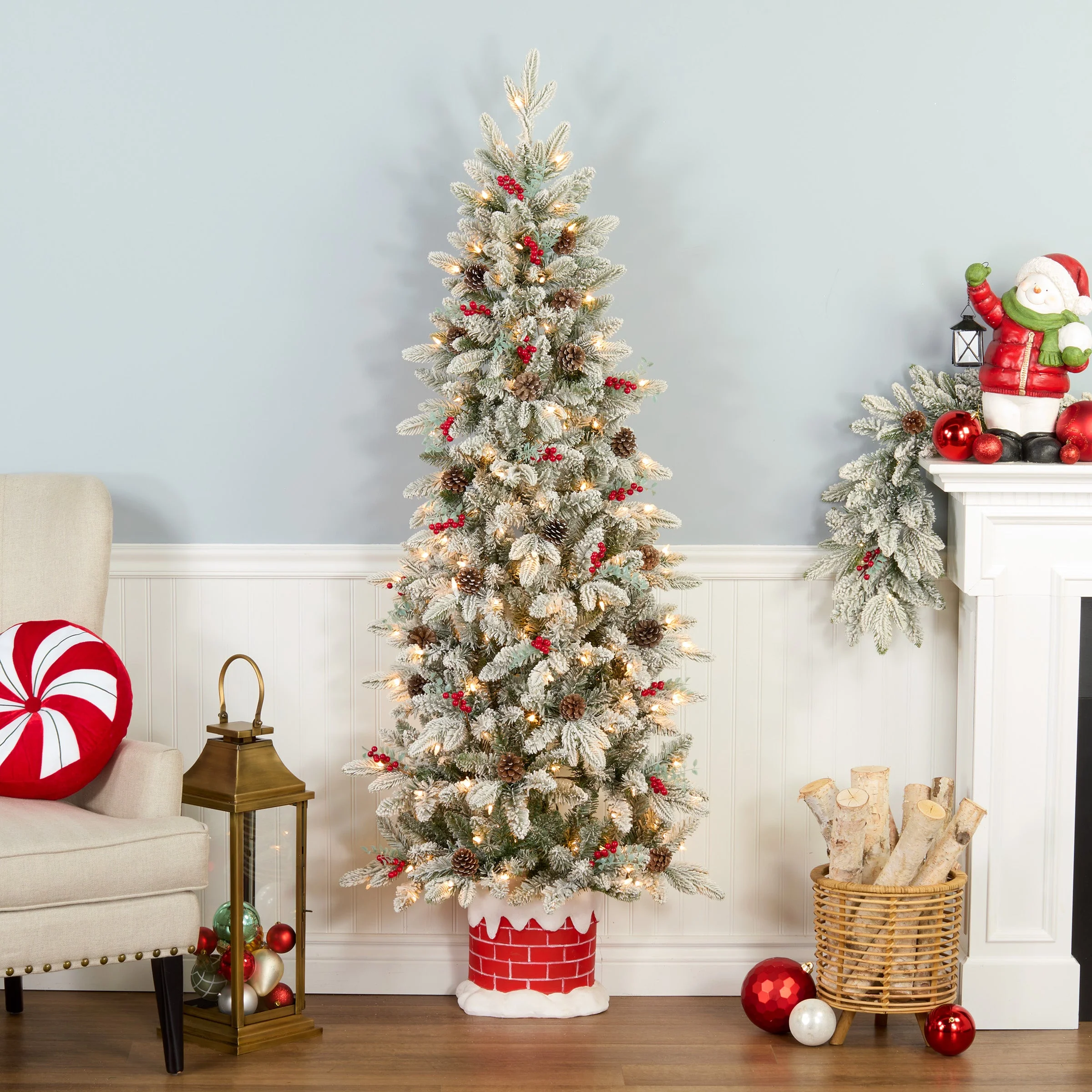 5 ft. Pre-Lit Snowberry Pine Half Tree with Clear Lights, Plug-In - Image 4