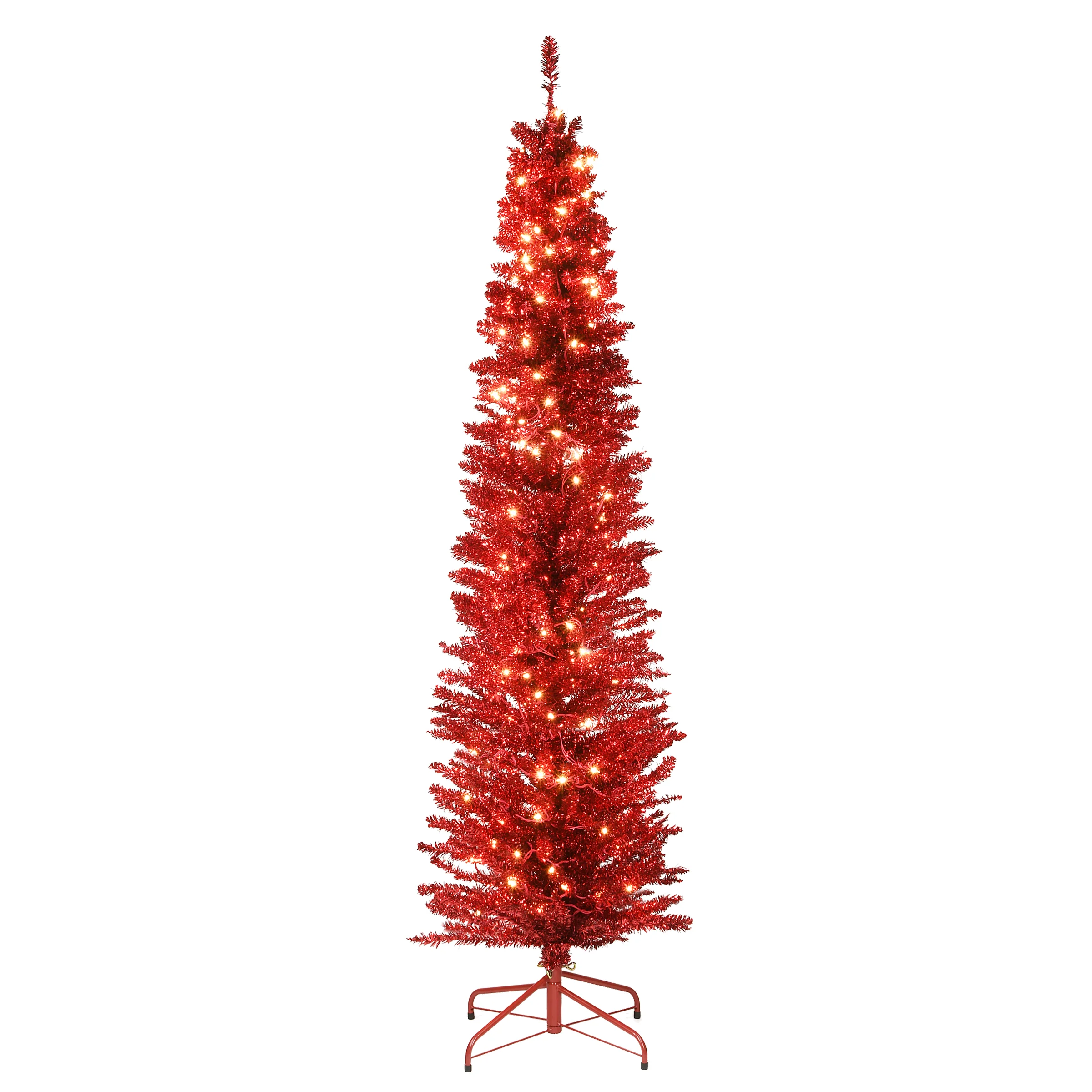 6 ft. Pre-Lit Tinsel Collection Red Tree with Clear Lights