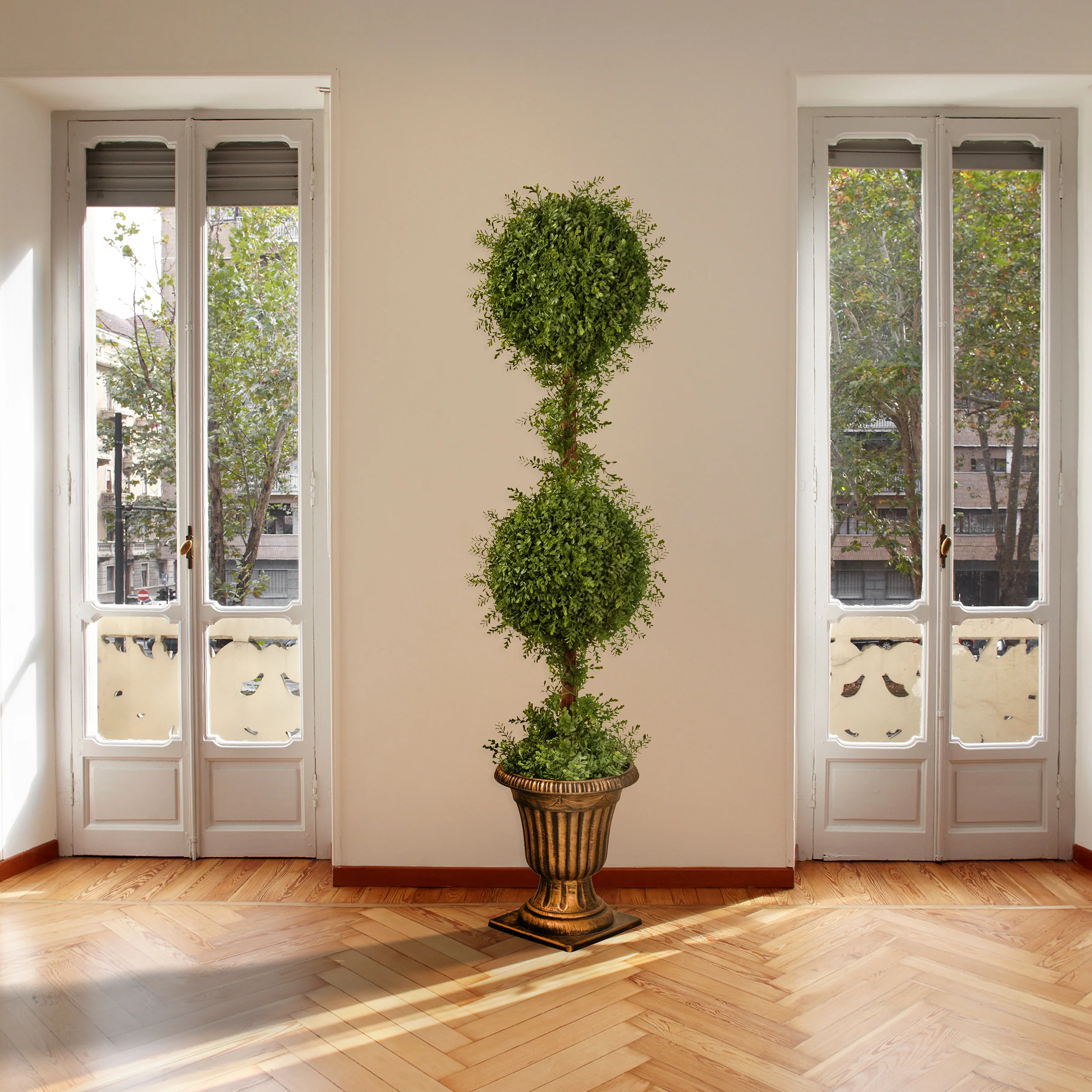 60 in. Mini Tea Leaf 2 Ball Topiary with Black in a Gold Urn - Image 2