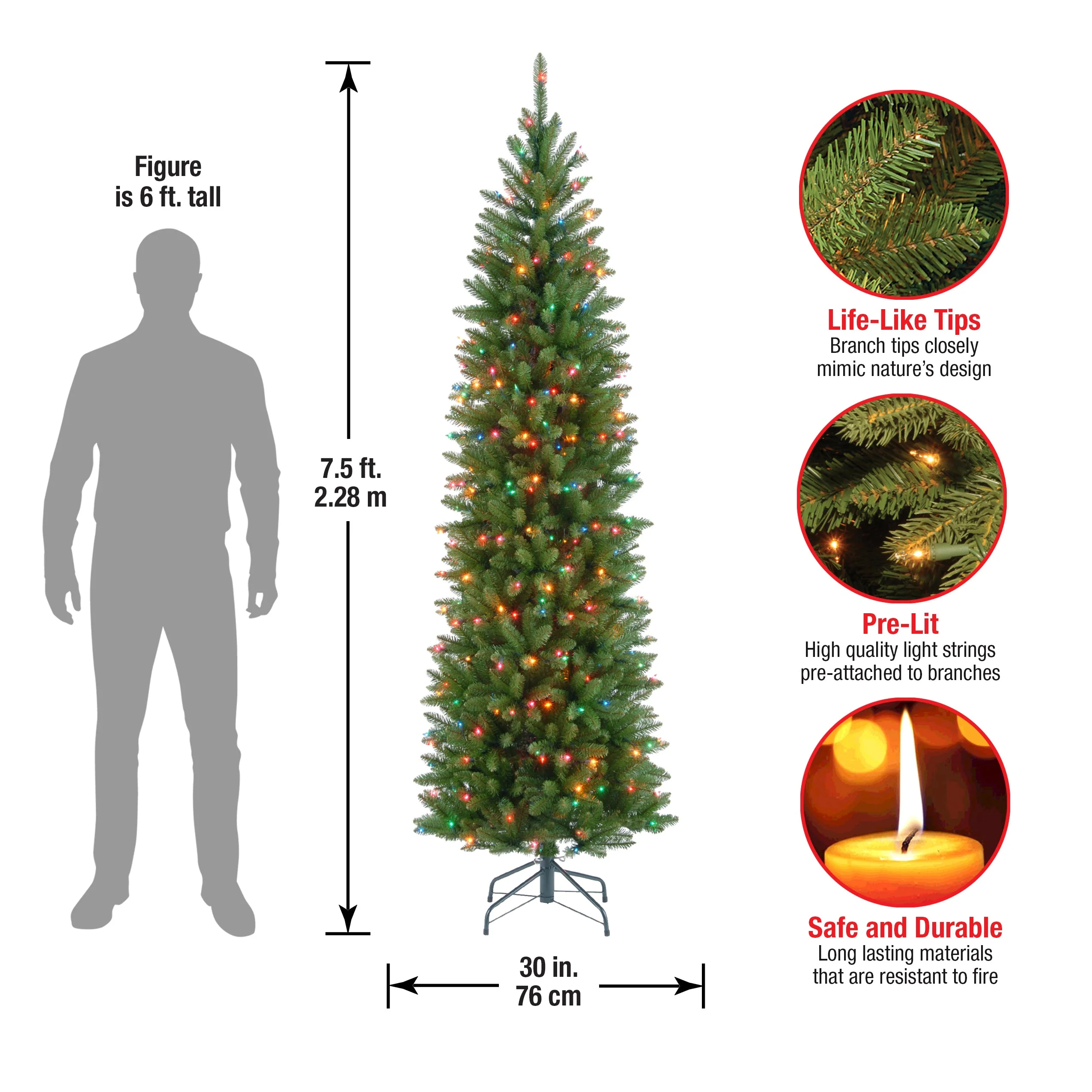 7.5 ft. Pre-Lit Kingswood Fir Pencil Tree with Multicolor Lights, Plug-In - Image 5
