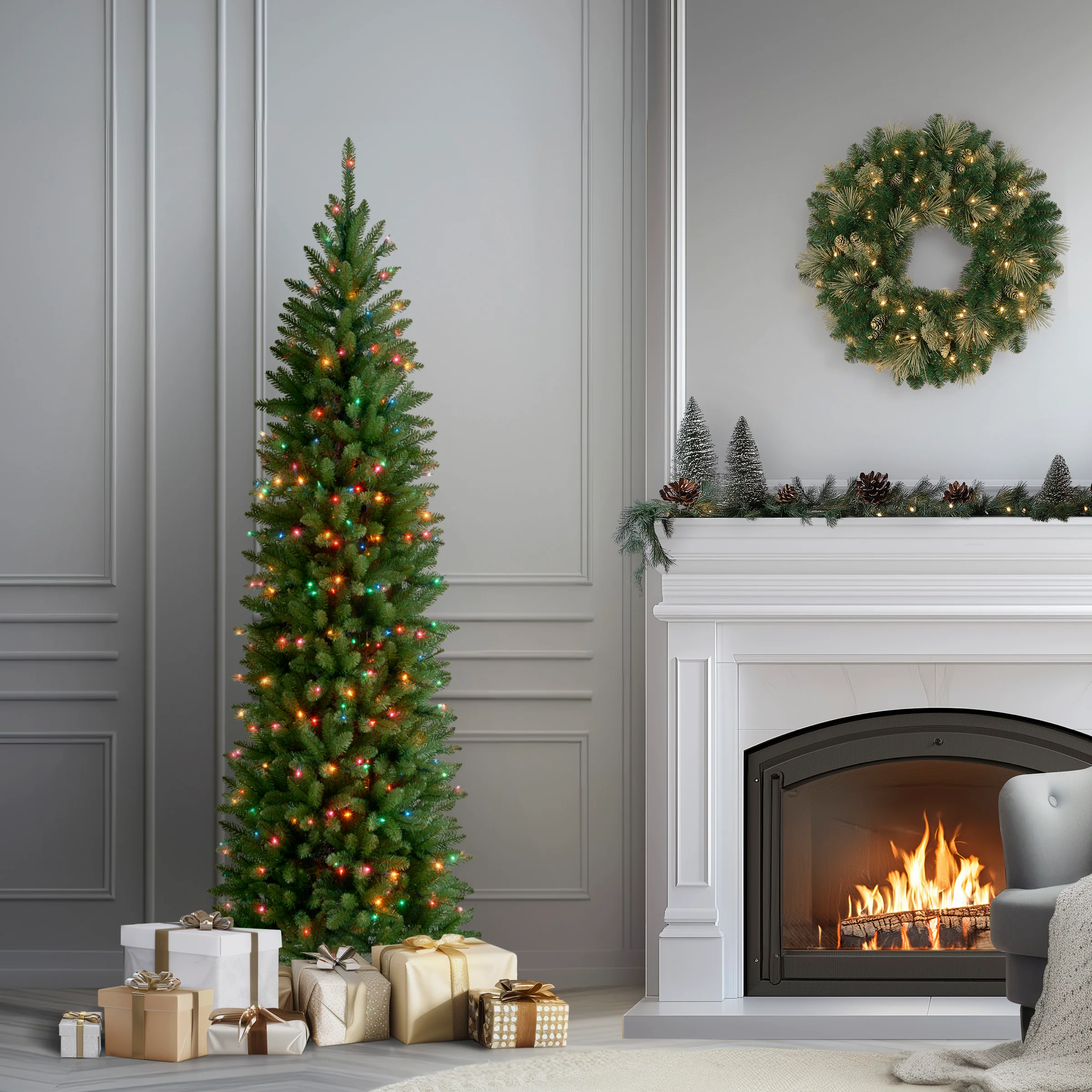 7 ft. Pre-Lit Kingswood Fir Pencil Tree with Multicolor Lights, Plug-In - Image 2