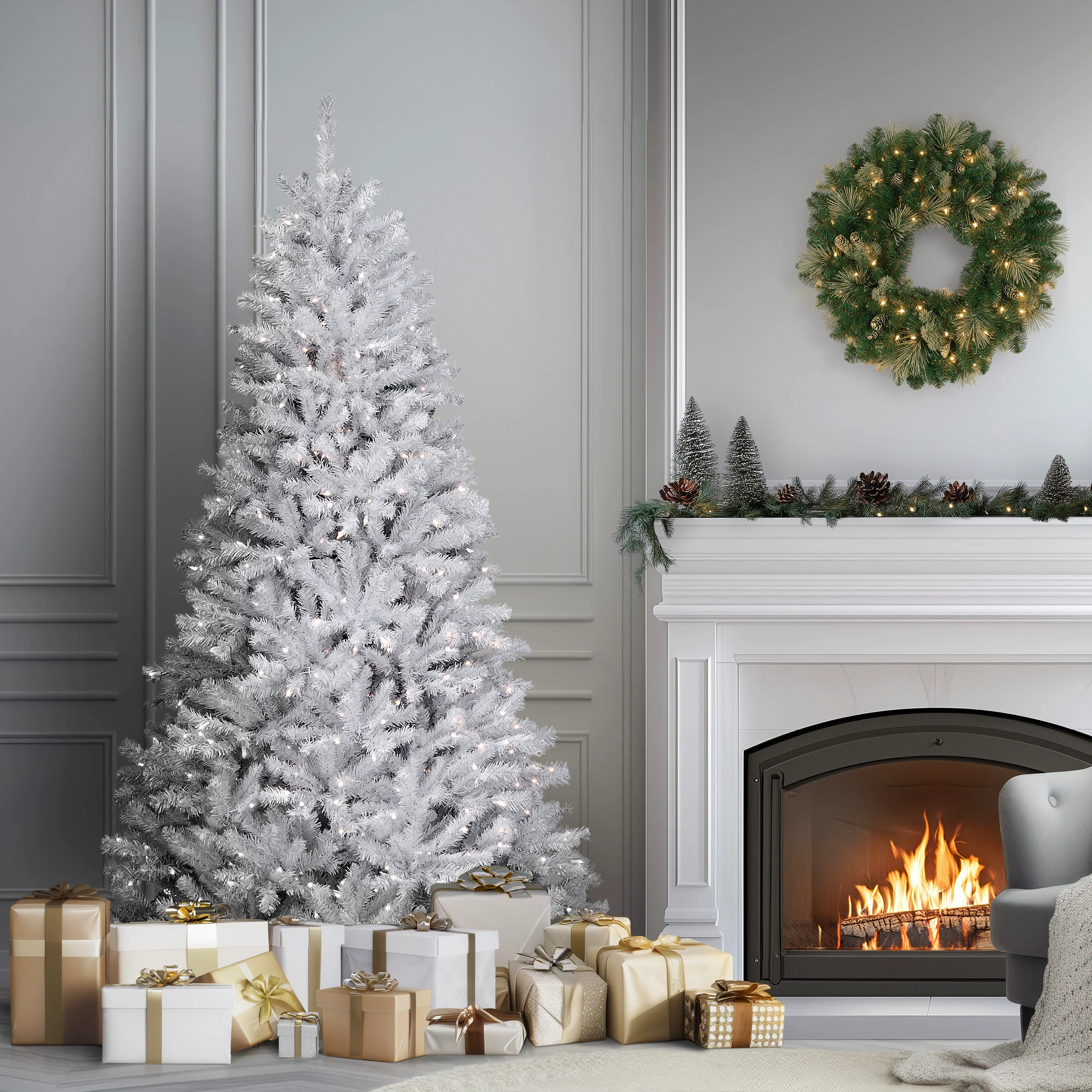 7 ft. Pre-Lit North Valley Spruce White Tree with Clear Lights, Plug-In - Image 2