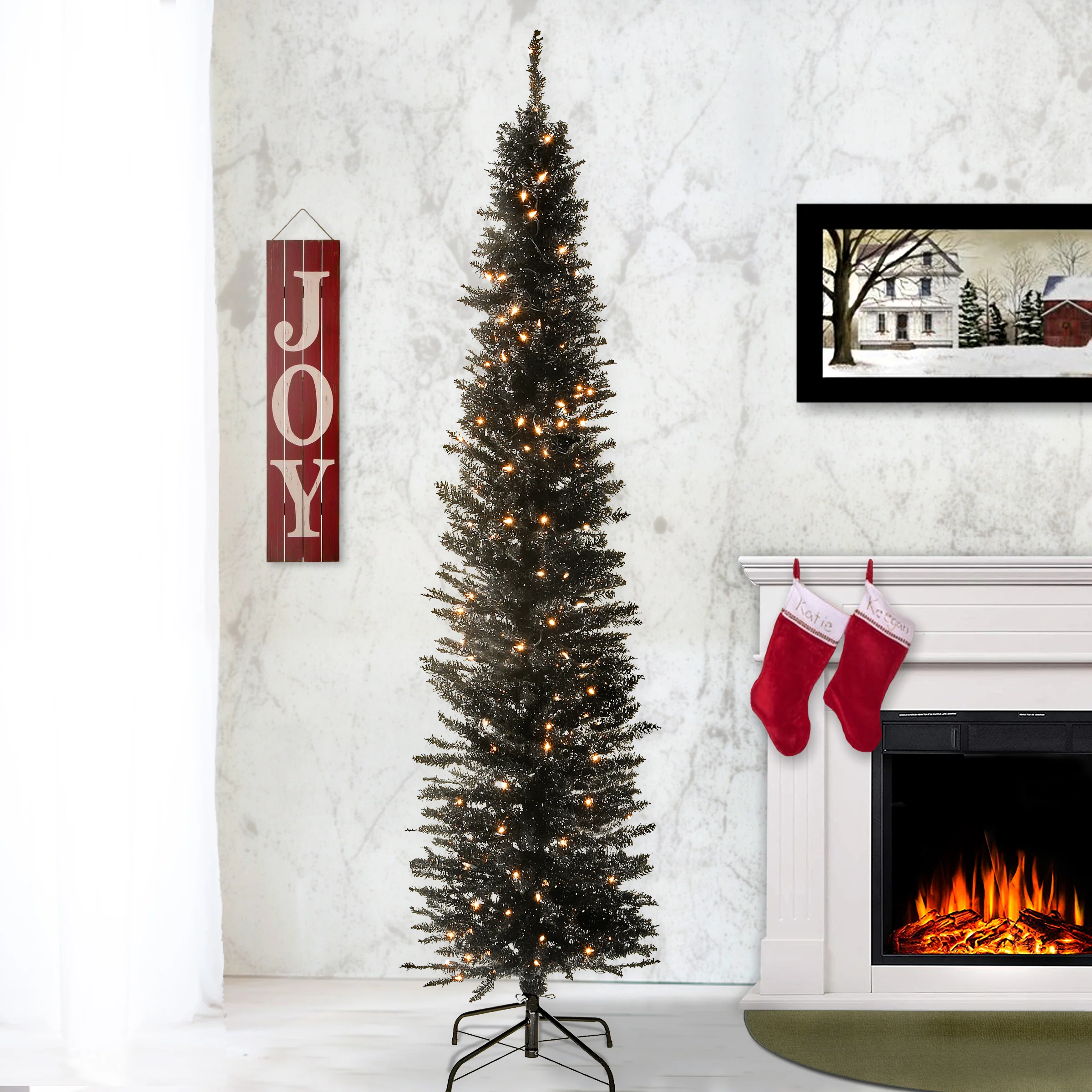 7 ft. Pre-Lit Tinsel Collection Black Tree with Clear Lights, Plug-In - Image 2