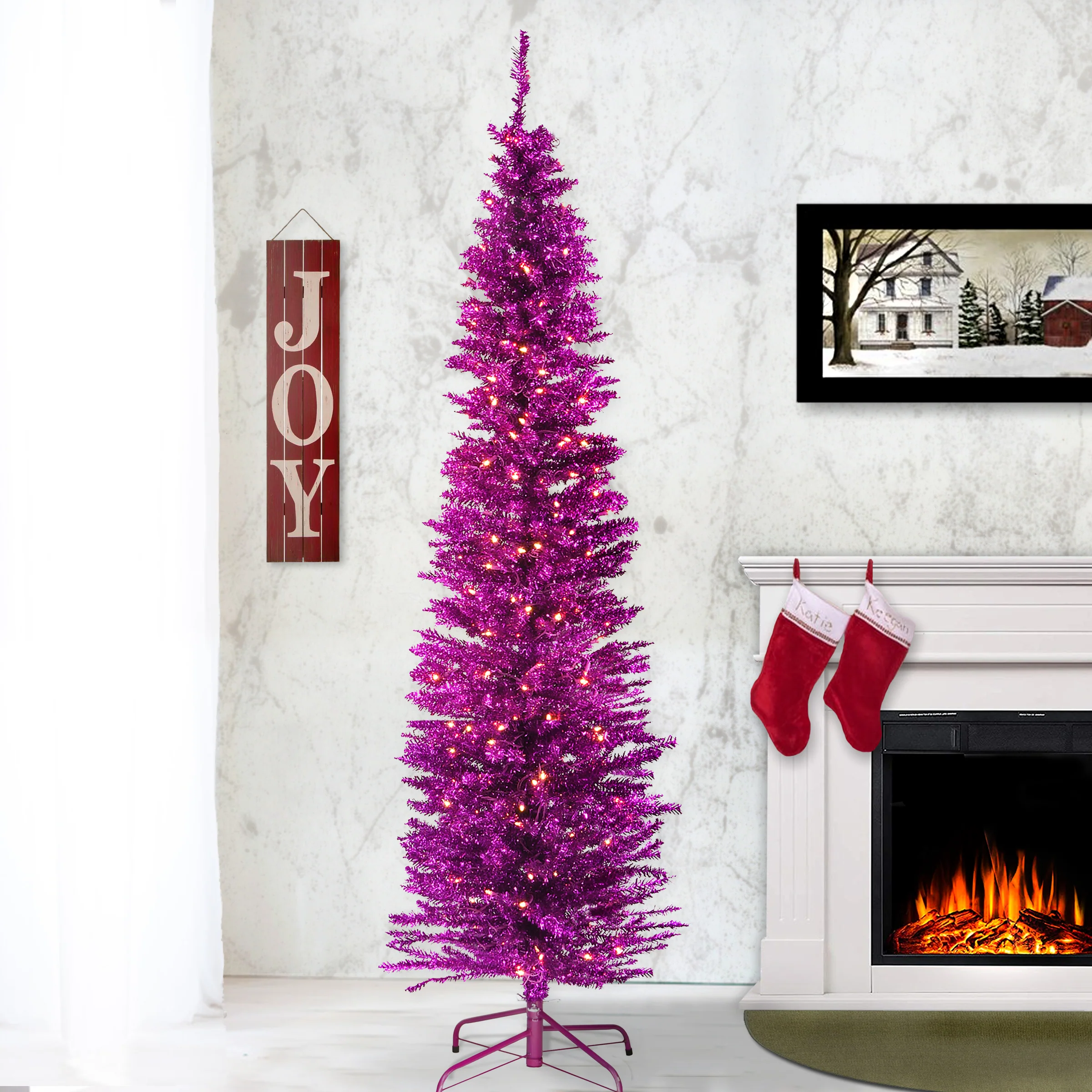 7 ft. Pre-Lit Tinsel Collection Pink Tree with Clear Lights, Plug-In - Image 2