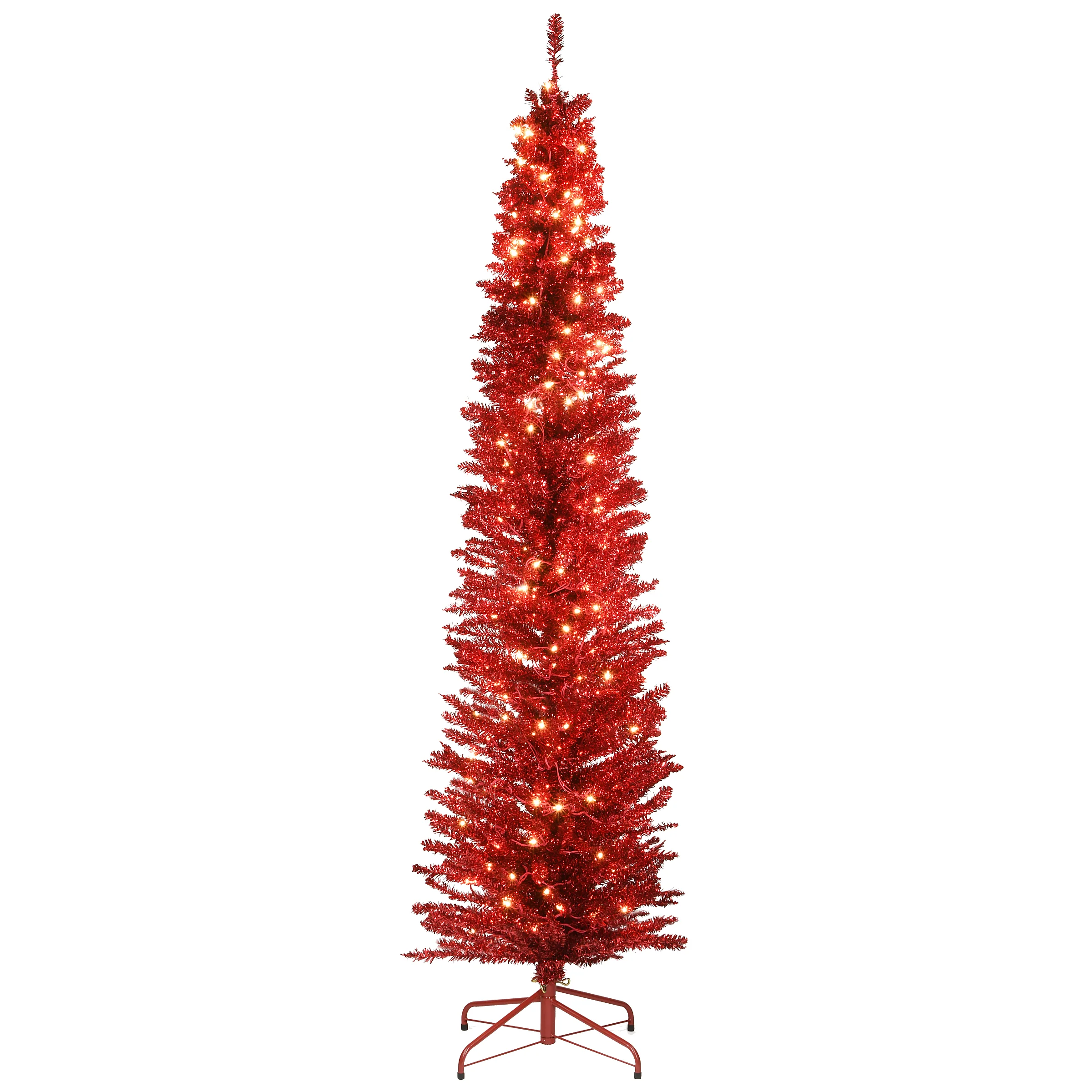 7 ft. Pre-Lit Tinsel Collection Red Tree with Clear Lights