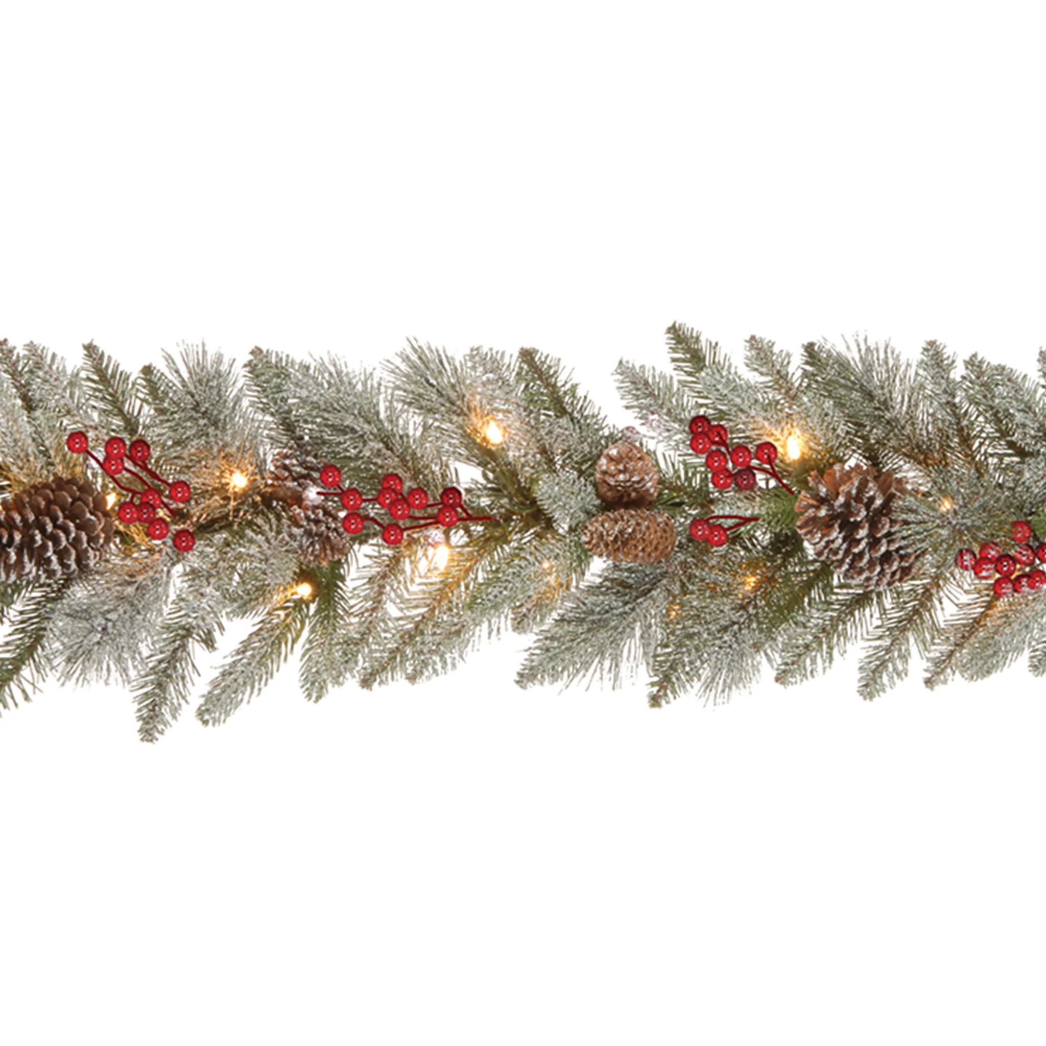 9 ft. Pre-Lit Snowy Bristle Berry Garland with Clear Lights, Plug-In