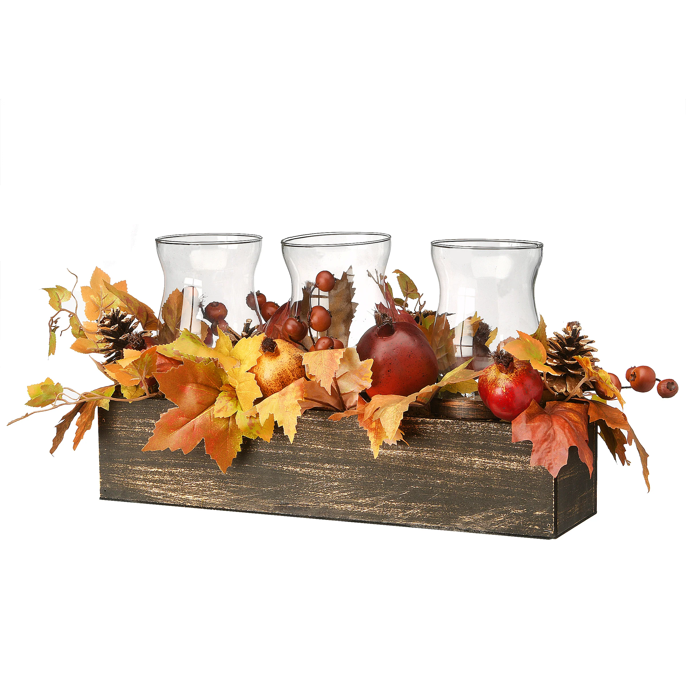 24 in. Fall Centerpiece, Decorated With Maple Leaves, Pomegranates, Pine Cones, Holds Three Candles