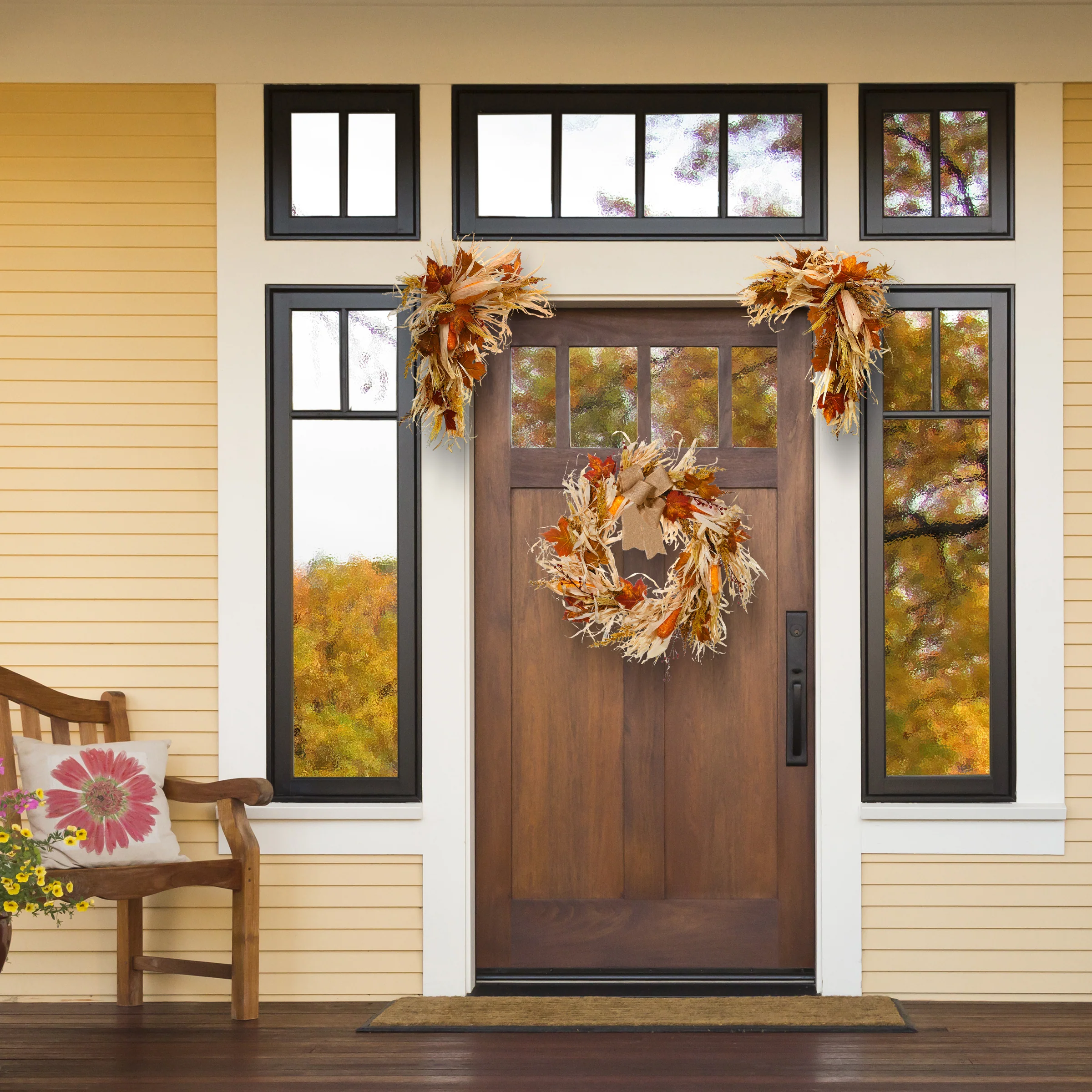 24 in. 2-Piece Fall Door Corners with Corn Husks, Raffia Leaves, Berry Clusters - Image 2