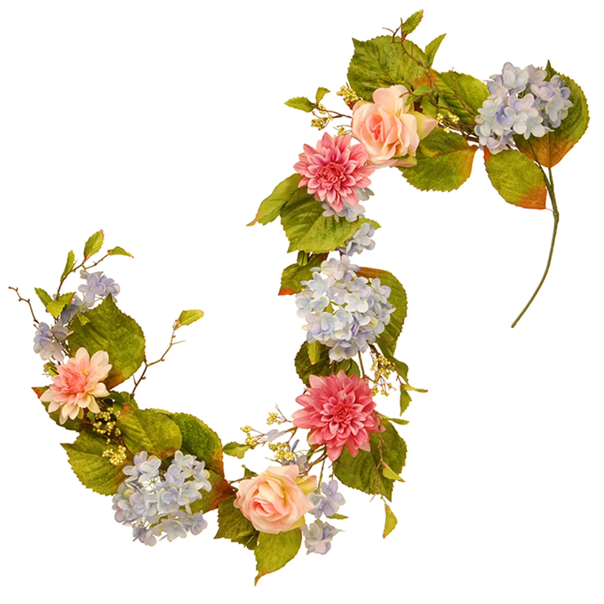 70 in. Spring Garland with Multicolor Hydrangea, Rose and Dahlia Blooms, Berry Clusters, Leafy Greens