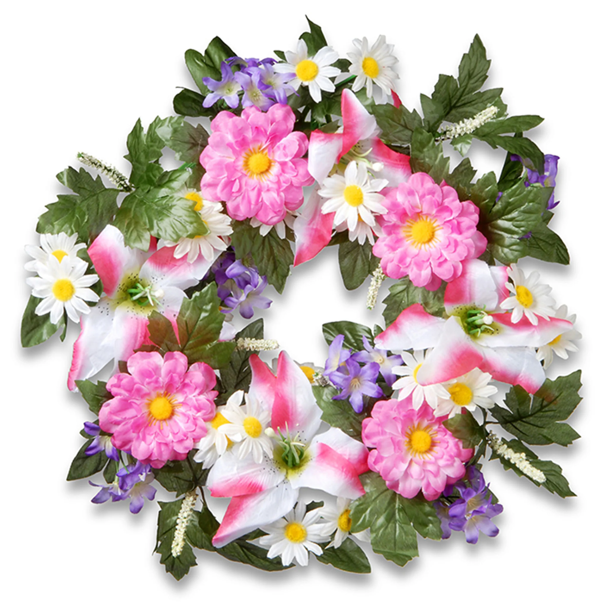 18 in. Spring Wreath with Multicolor Daisy and Tiger Lily Blooms, Leafy Greens, Berry Clusters