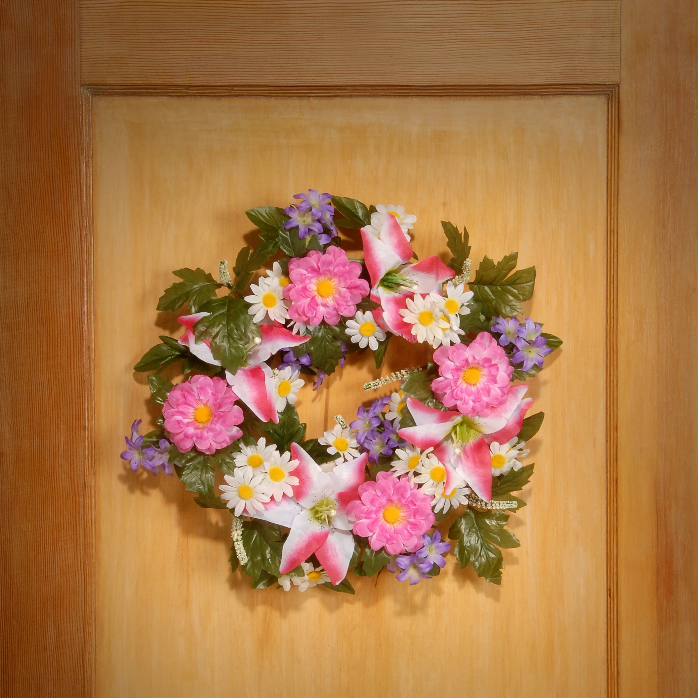 18 in. Spring Wreath with Multicolor Daisy and Tiger Lily Blooms, Leafy Greens, Berry Clusters - Image 2