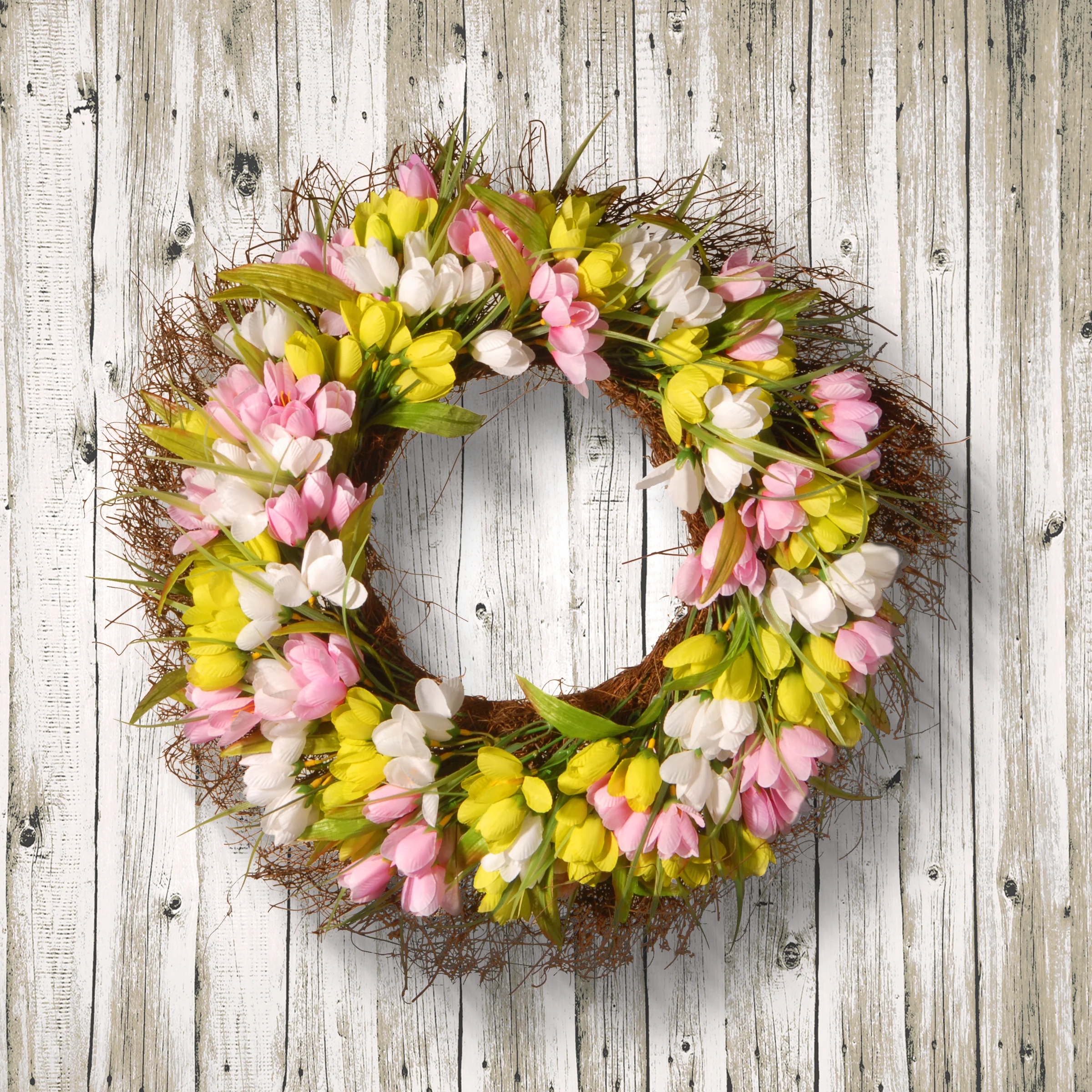 21 in. Spring Wreath with Pink, Yellow and White Tulips - Image 2