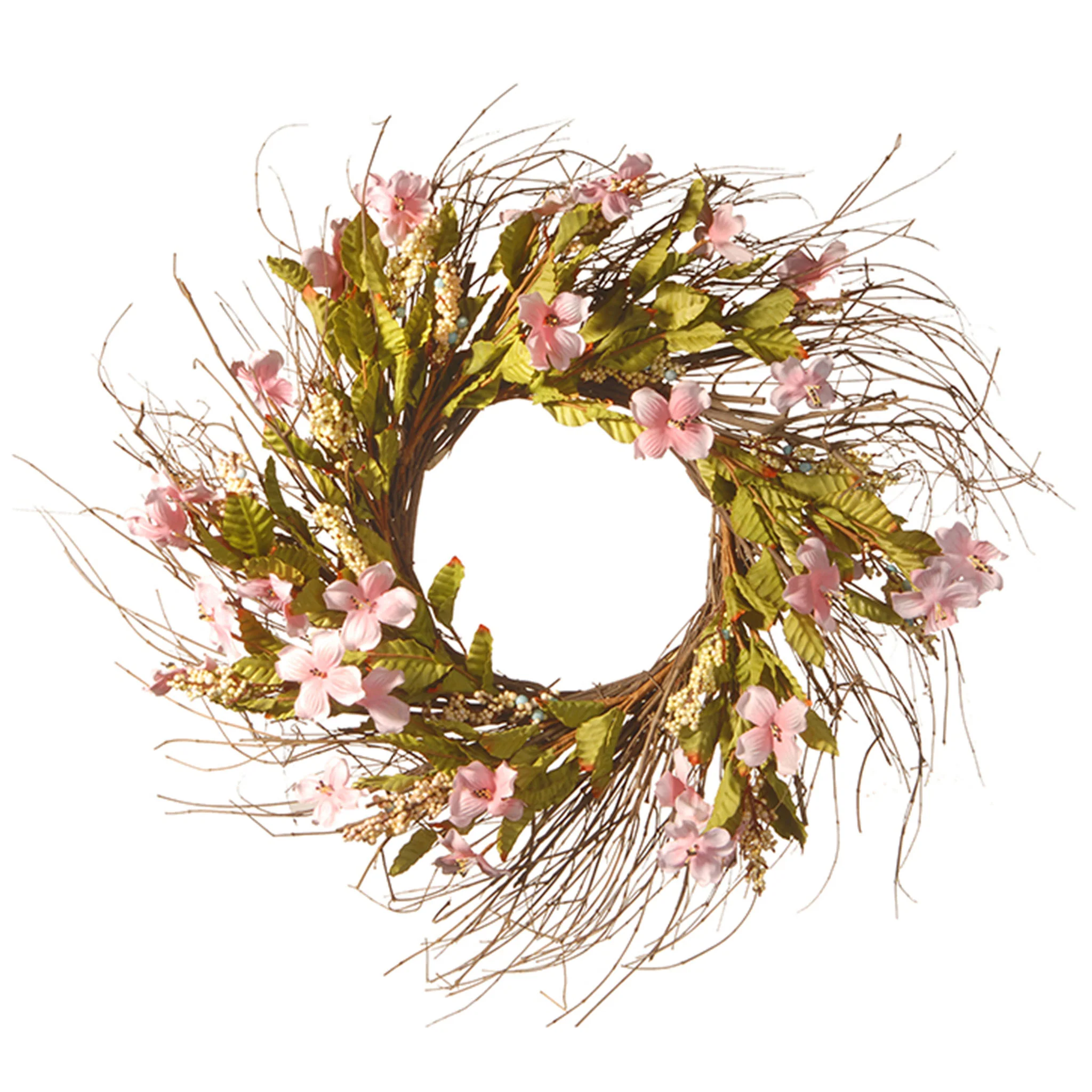 22 in. Spring Wreath with Dogwood Flowers, Leafy Greens