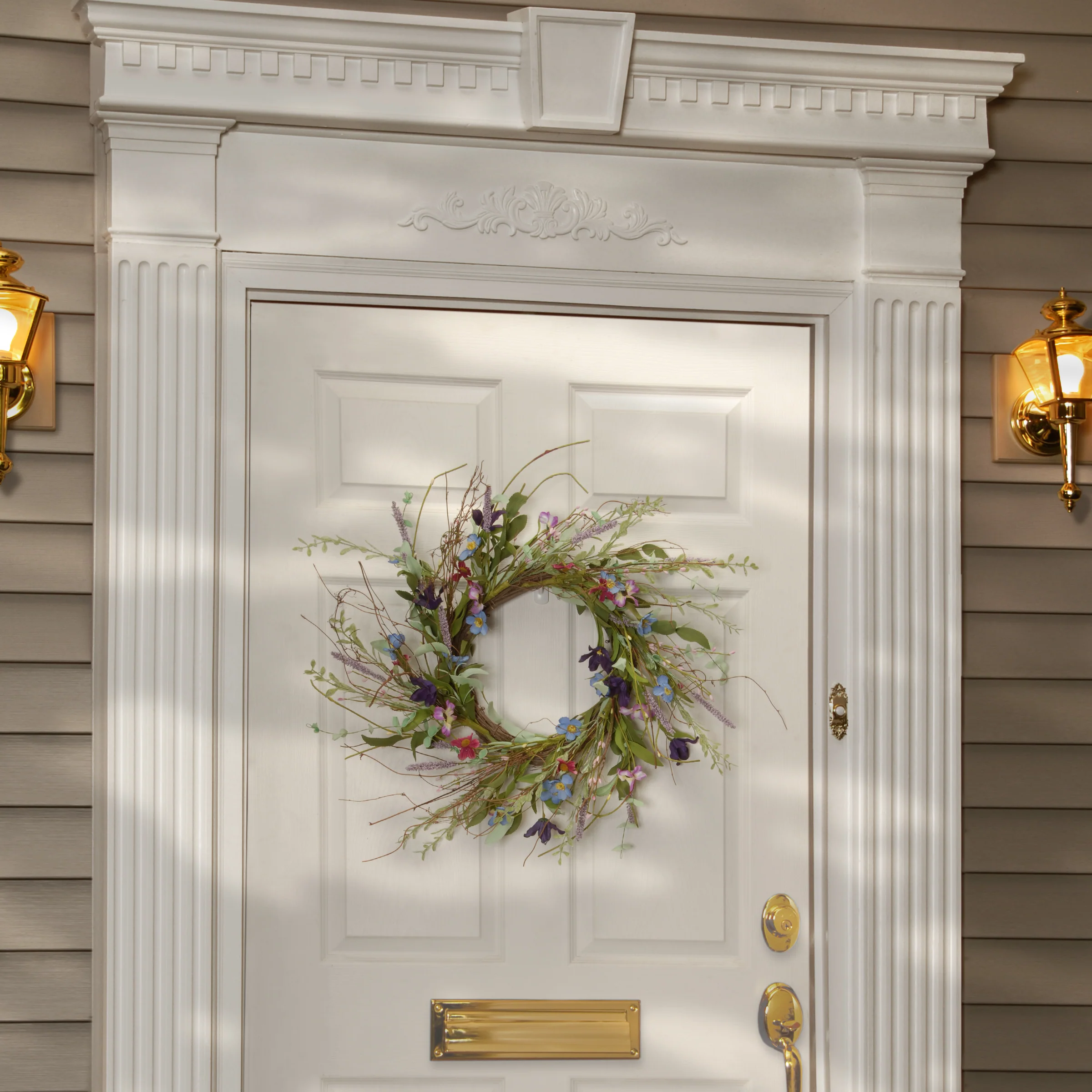 20in. Spring Wreath with Blue, Red and Pink Mixed Flower Blooms, Flowing Green Stems, Seed Pods - Image 2
