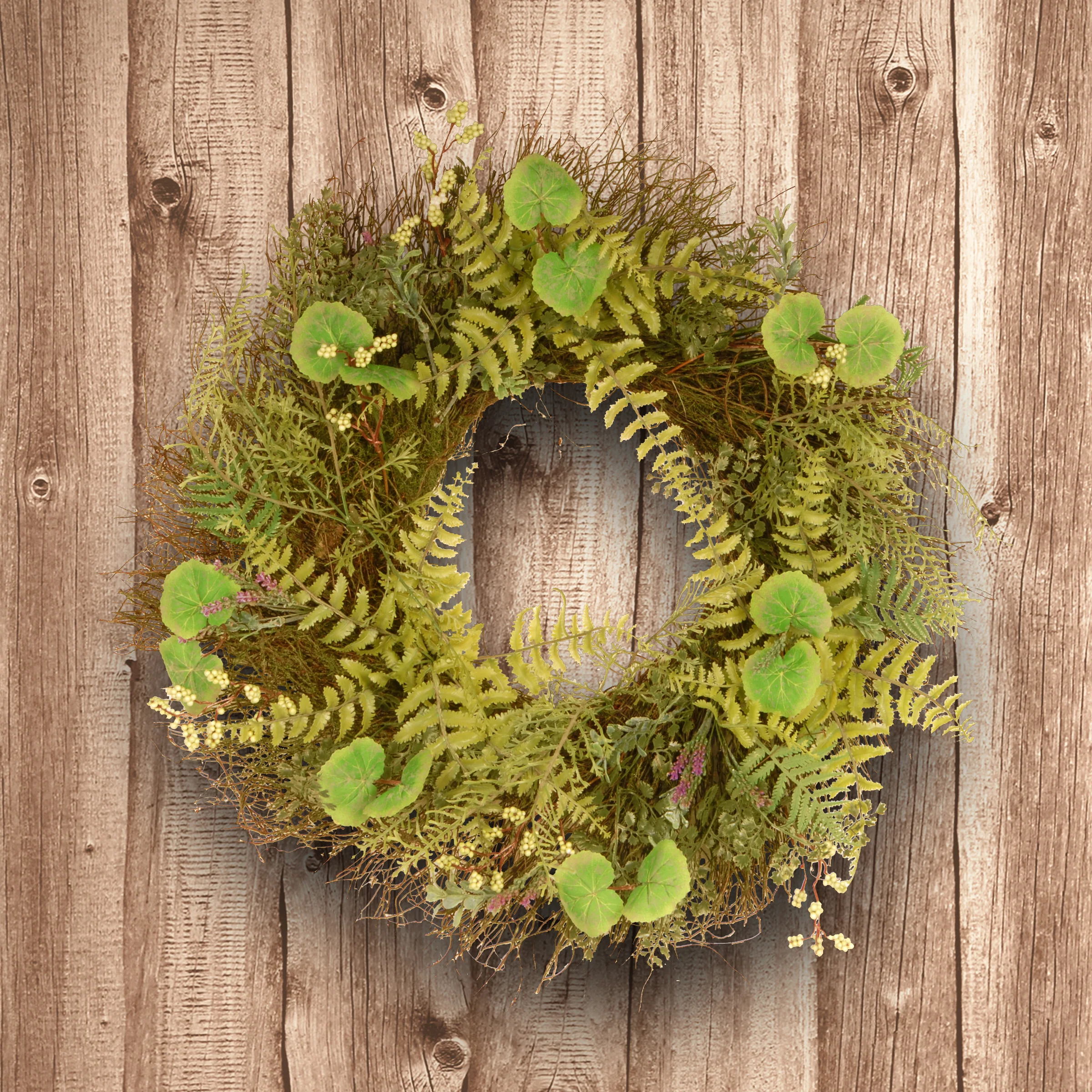 24 in. Spring Wreath with Fern Leaves, Lavender, Leafy Greens - Image 2