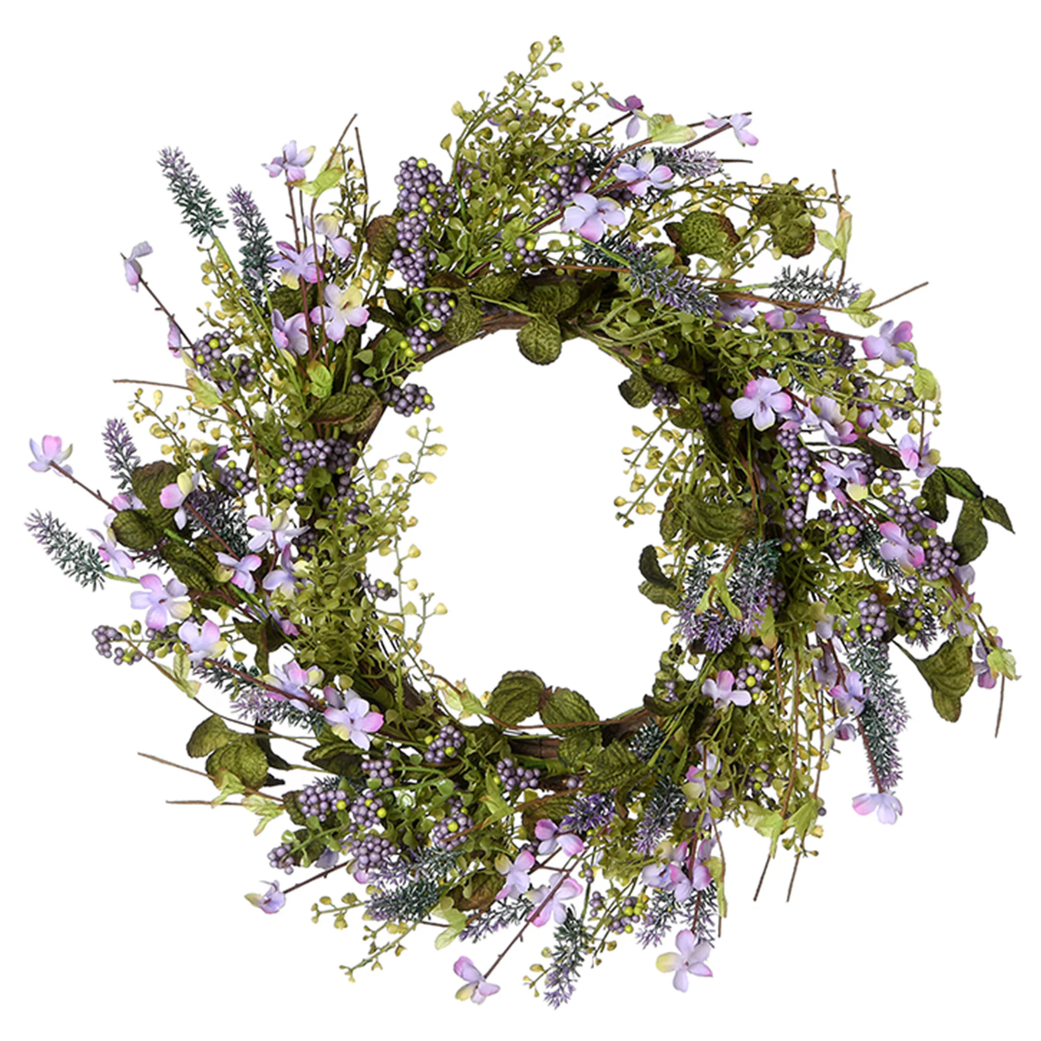 22 in. Spring Wreath with Lavender Flower Blooms, Berry Clusters, Flowing Green Stems