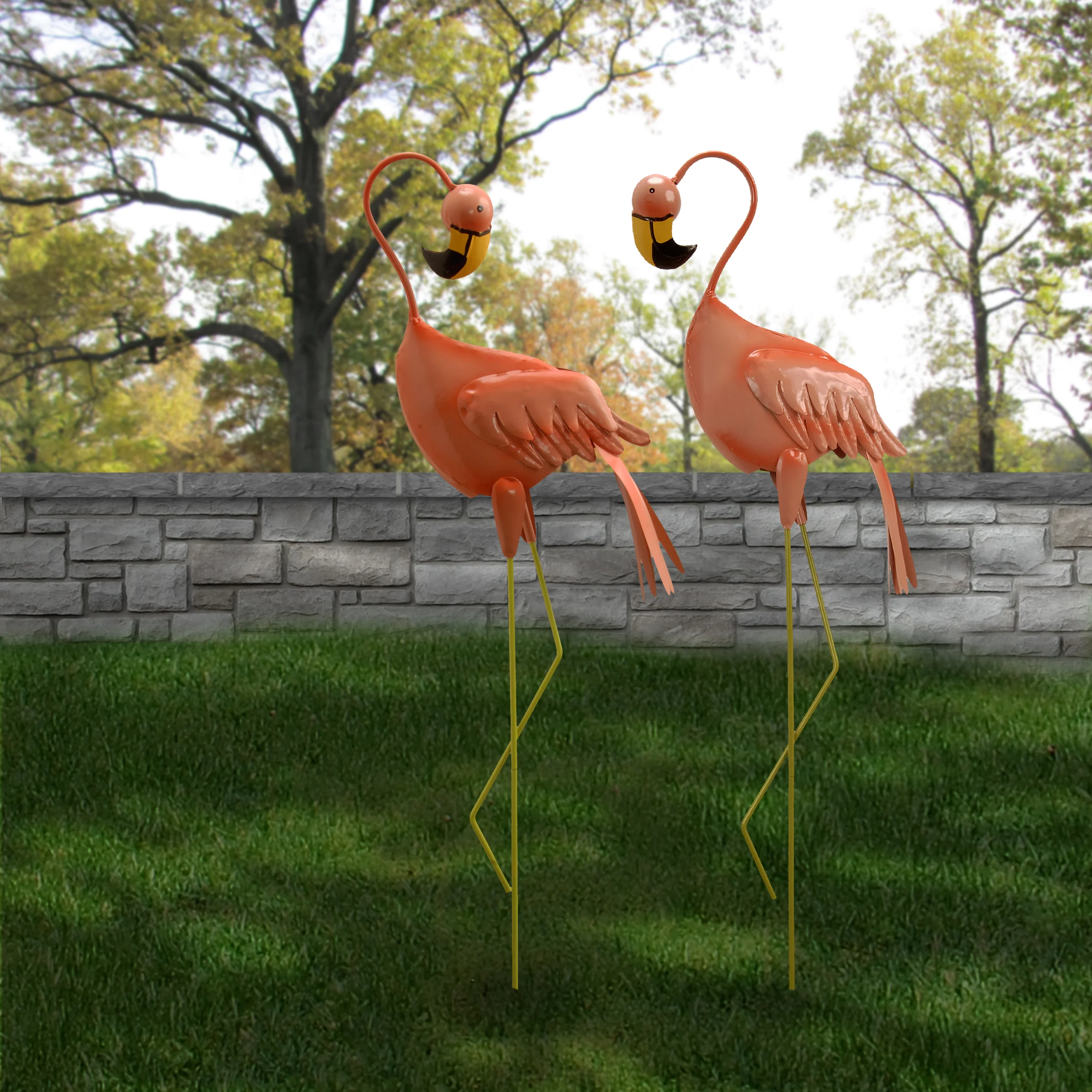 33 in. Standing Peach Flamingo Metal Lawn Decoration - Image 2