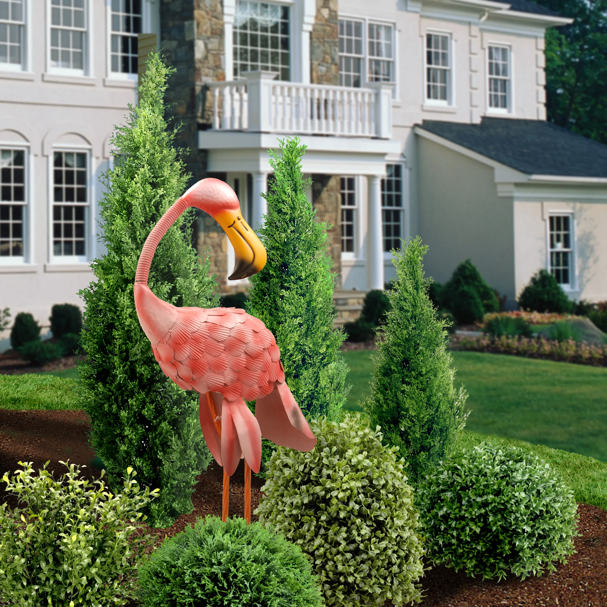 Metal Lawn Decoration, Resting Pink Flamingo, Ornate Metal Design, Spring Collection, 32 Inches - Image 2