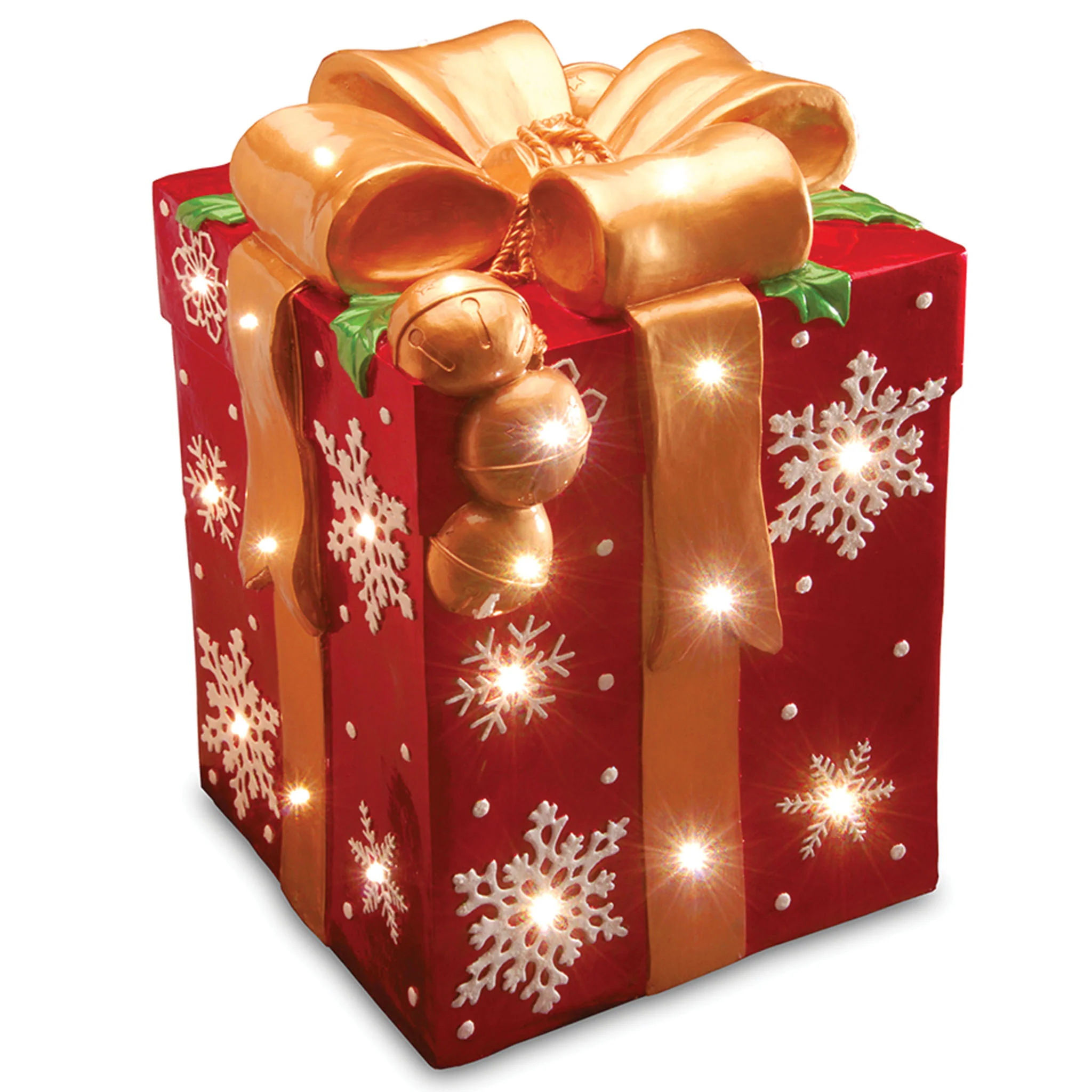 21 in. Pre-Lit LED Red Gift Box with Gold Bow Decor