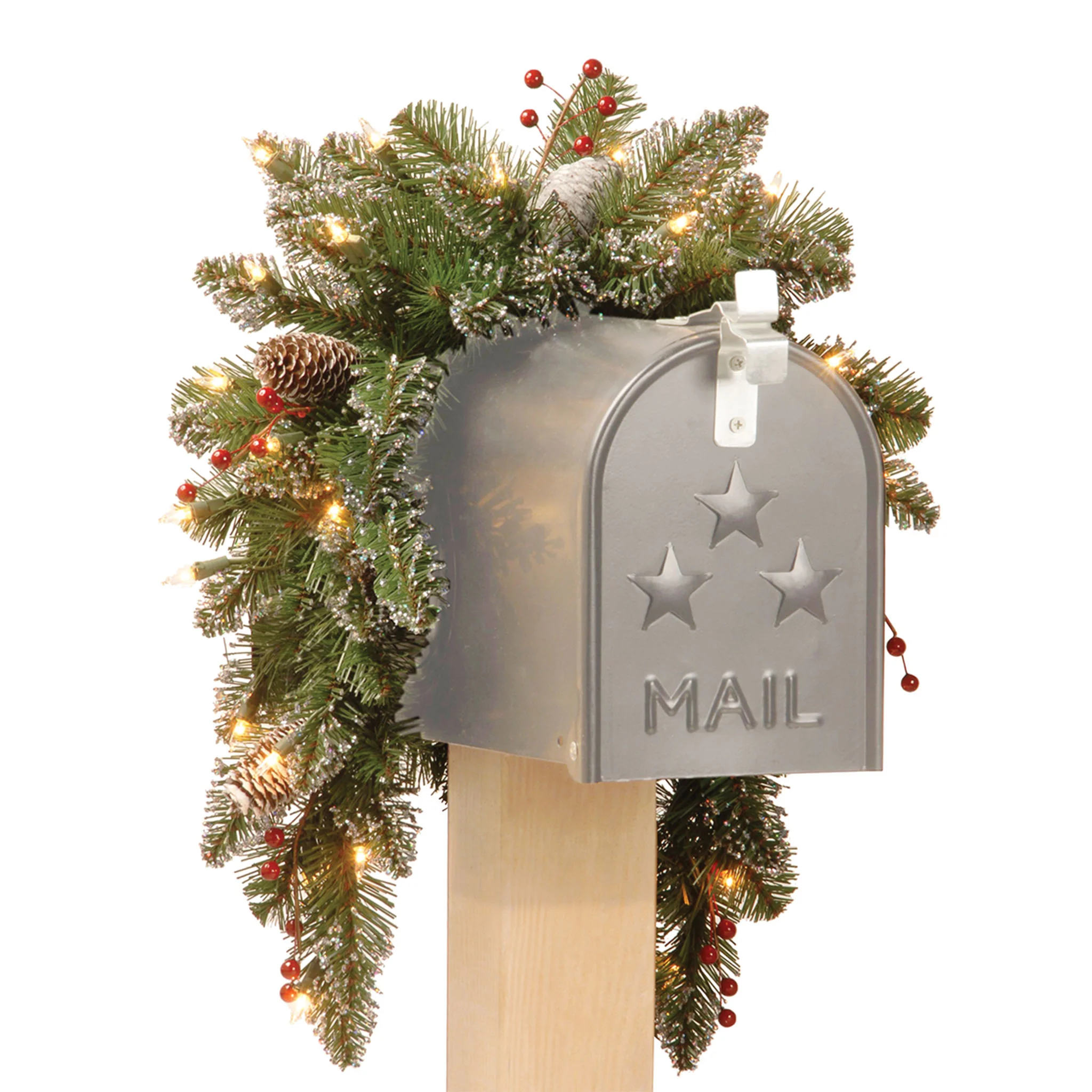 36 in. Pre-Lit Glittery Mountain Spruce Mailbox Swag with LED Lights
