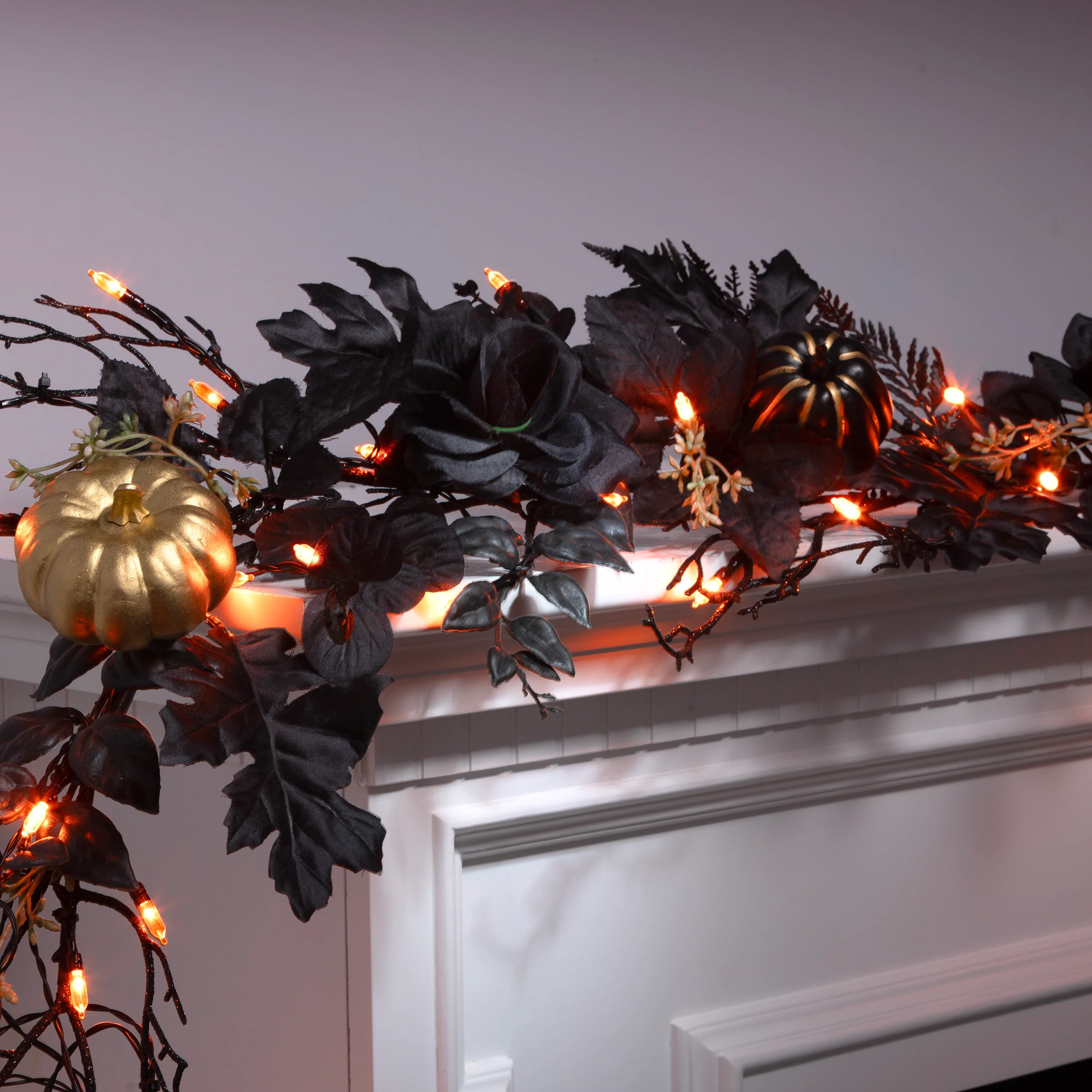 Halloween 6ft Artificial Chic Eek Black and Gold Garland, 50 Orange LED Lights, Battery Operated - Image 2