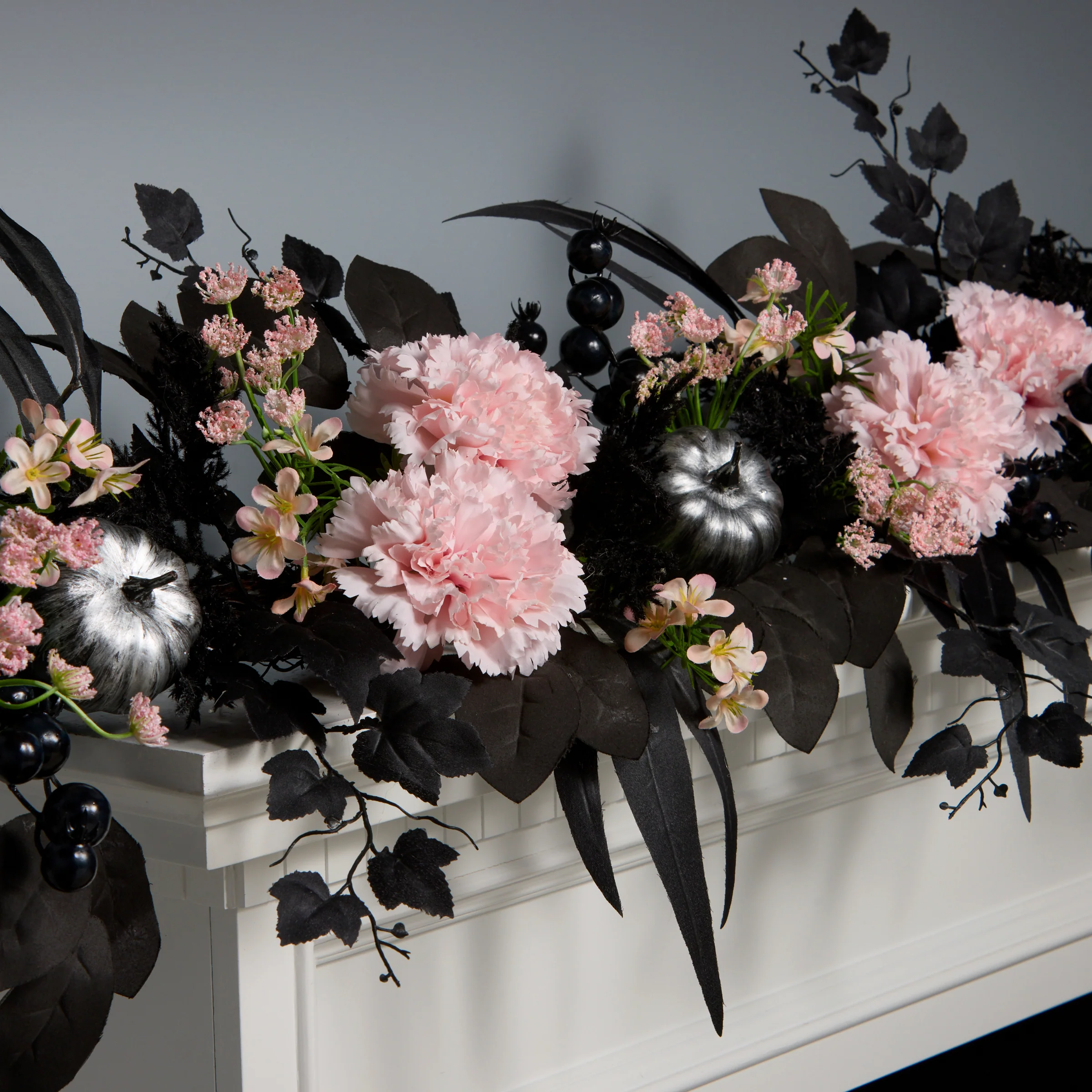 6 ft. Halloween Pretty Morbid Pink Carnation Wreath with Silver Pumpkins - Image 2