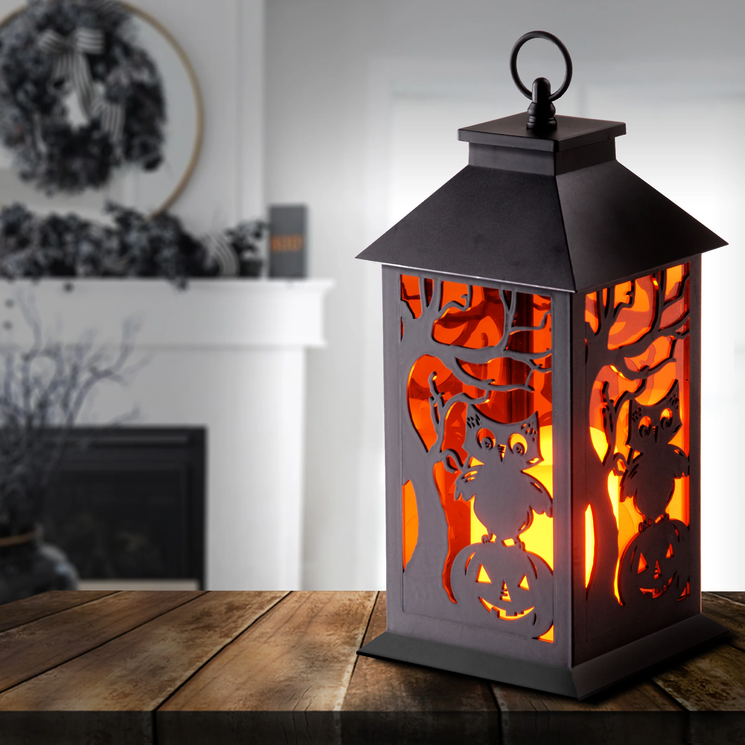 12 in. Halloween Carved Images of Owls Pumpkins Leafless Trees Lantern with LED Lights - Image 2