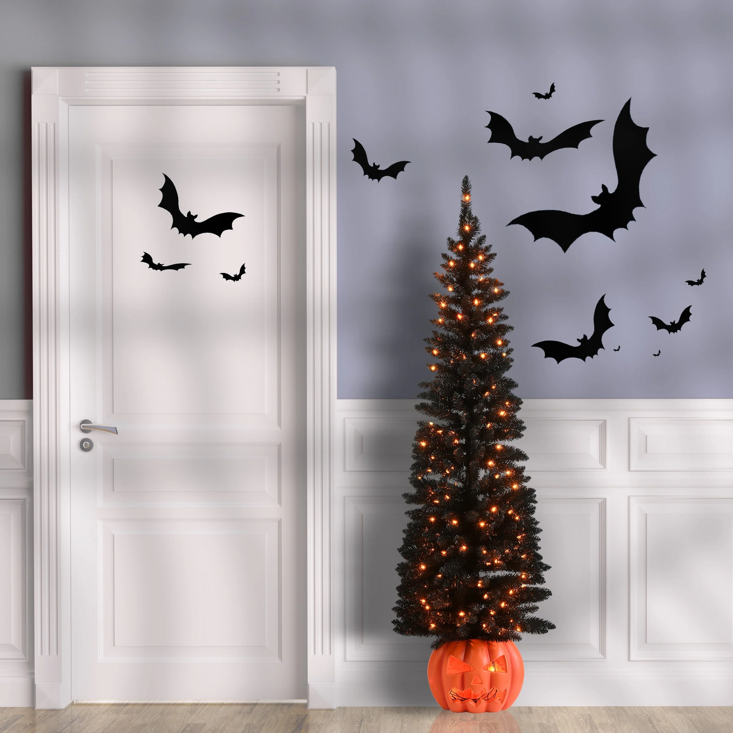 6 ft Halloween Pre-Lit Black Tree with LED Lights, Pumpkin Base, Plug-In - Image 4