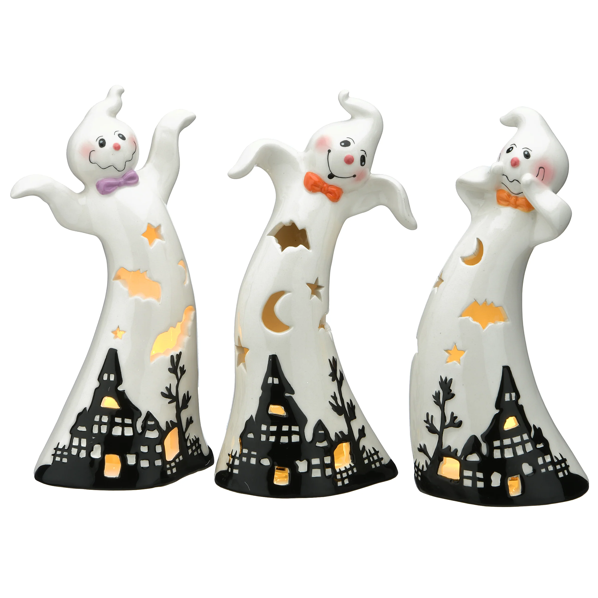 7 in. 3-Piece Halloween Three Dancing Ghosts Ceramic Decoration with LED Lights