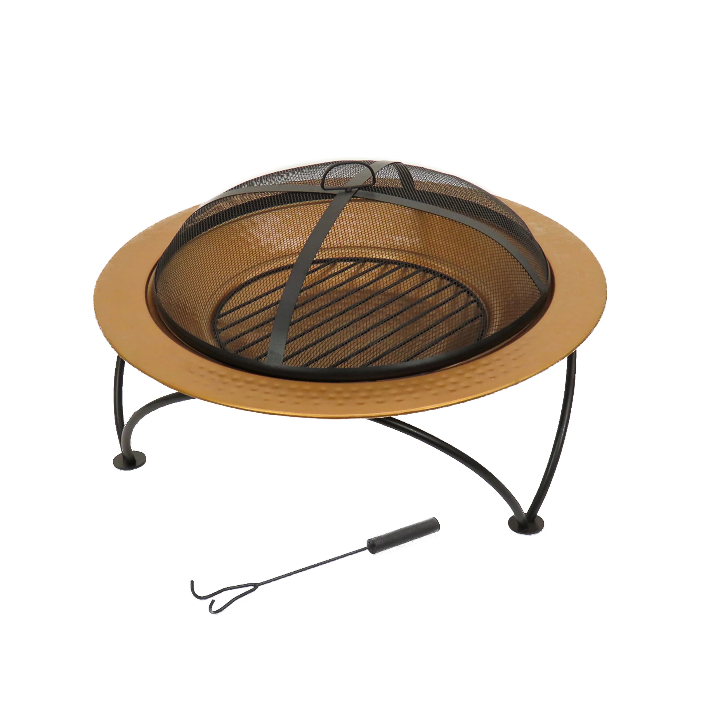 33 in. Copper Finish Hammered Steel Outdoor Fire Pit with Black Stand, Cover, Fire Poker