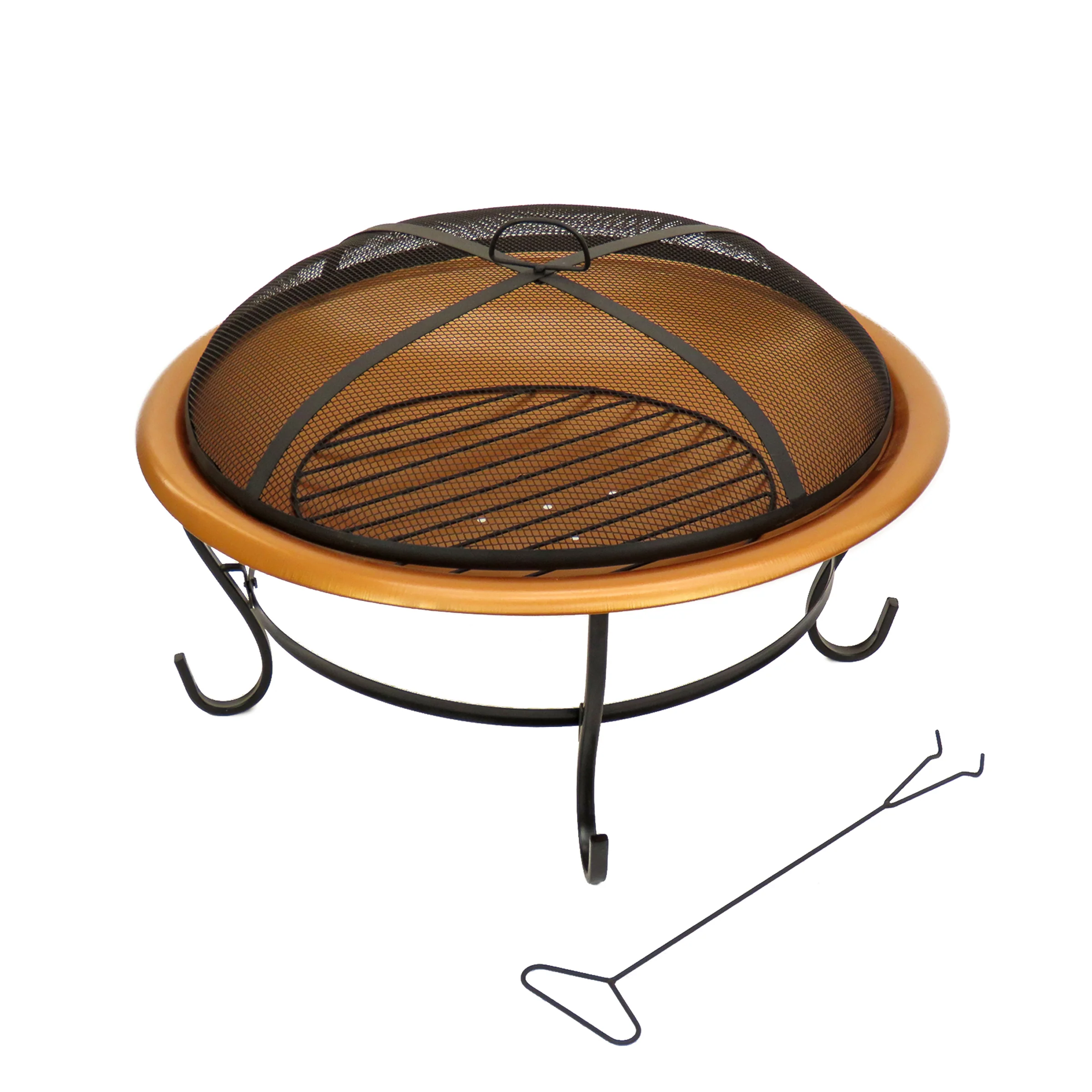 29 in. Copper Finish Steel Outdoor Fire Pit with Black Stand and Screen Cover