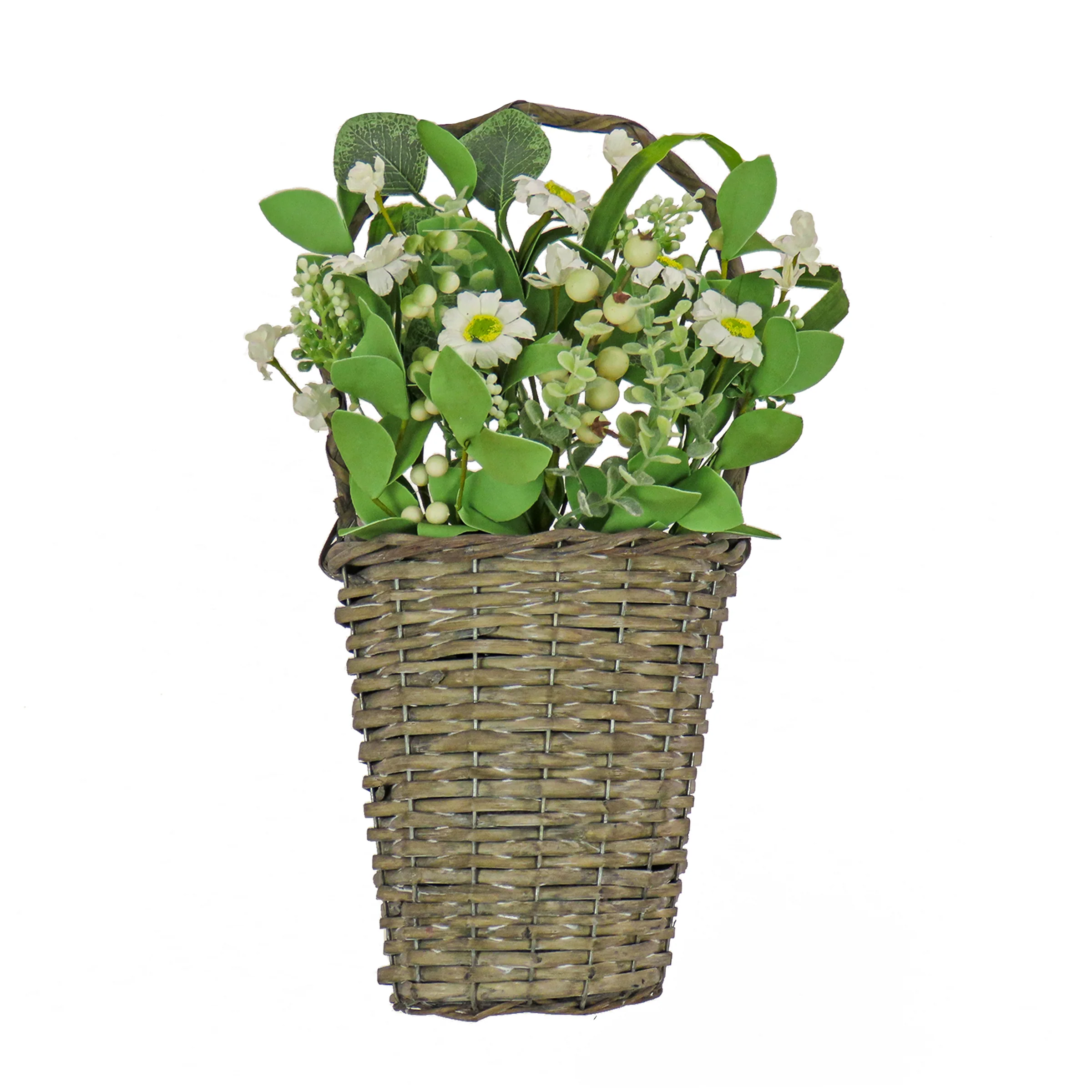 18 in. Spring Wall Hanging Baske with Daisy Flowers, Berries, Leafy Greens