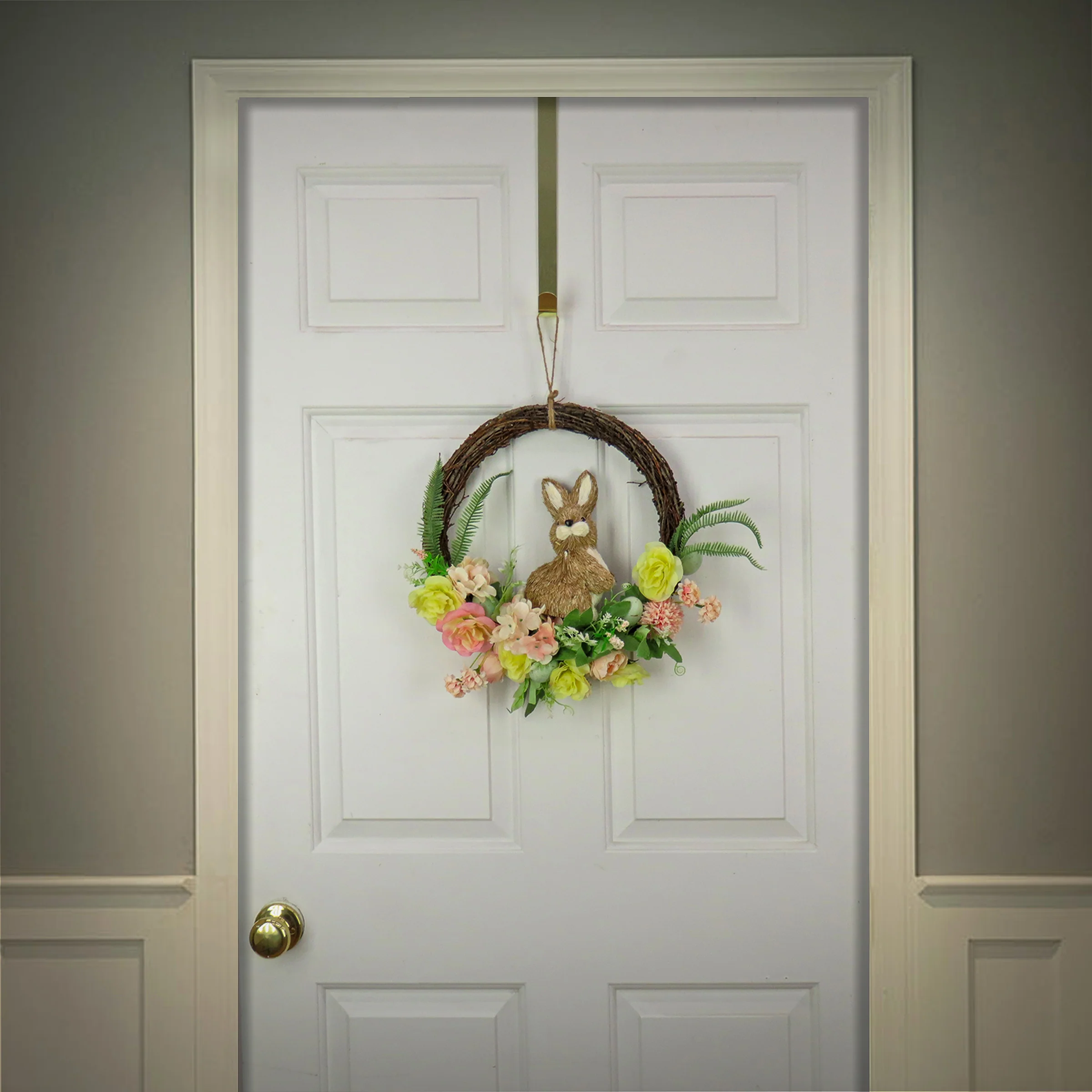 16 in. Easter Wreath Decorated with Pastel Flower Blooms, Bunny, Leafy Greens - Image 2