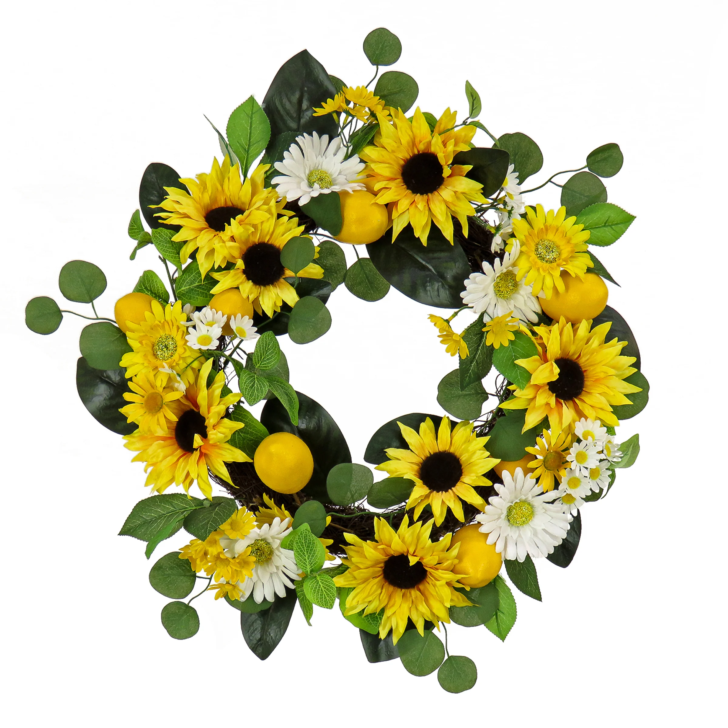24 in. Spring Wreath with Daisy and Sunflower Blooms, Lemons, Leafy Greens
